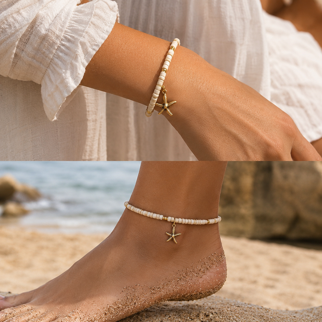 Coastal Starfish & Bone Bead Ankle Bracelet – Summer Bohemian Foot Chain Adjustable Size- Comes in Bracelet or Anklet
