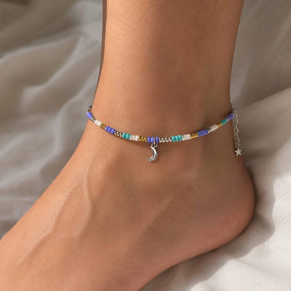 Celestial Boho Mixed Seed Bead Anklet - Adjustable Moon & Star Charm Foot Jewelry