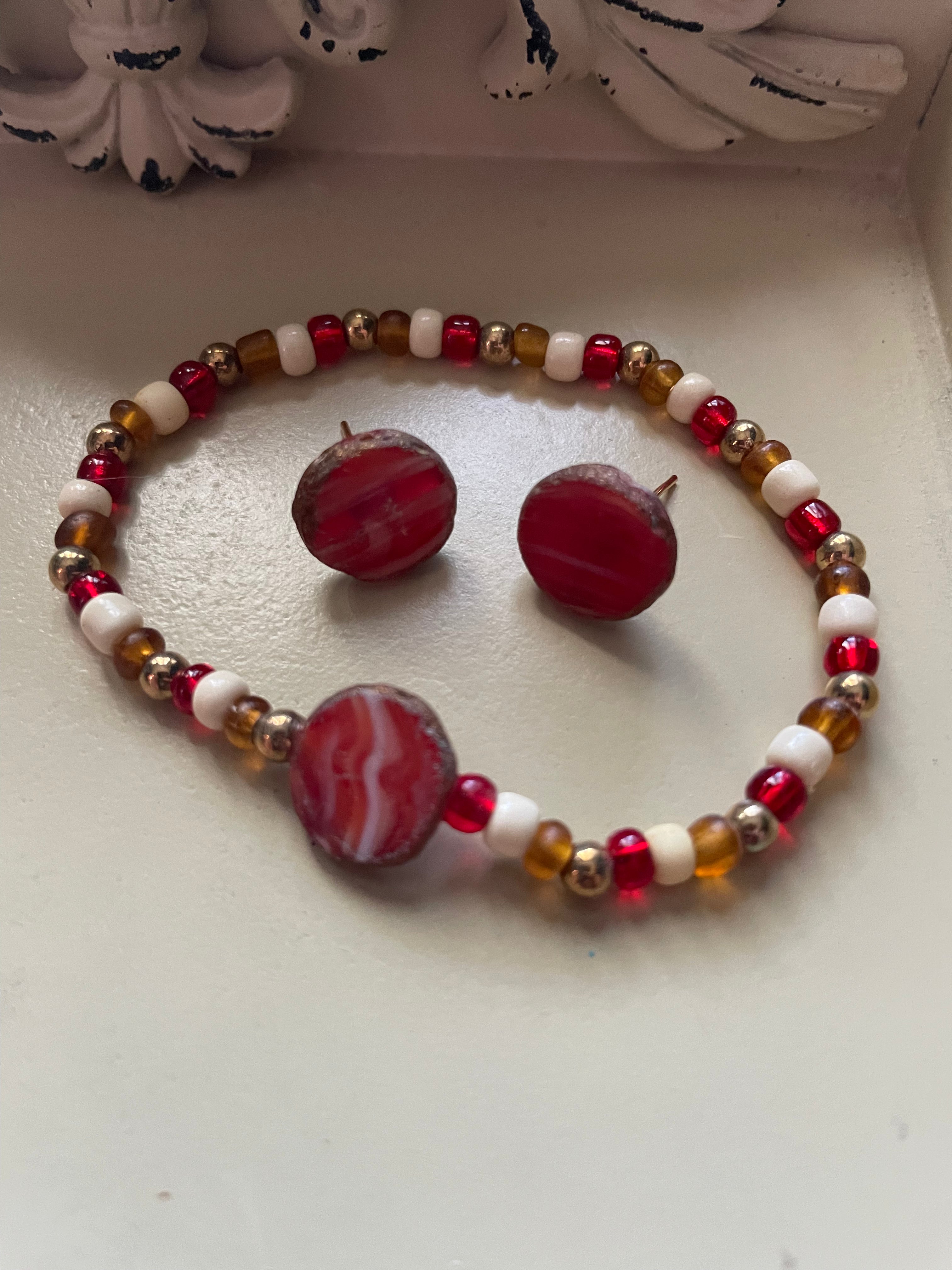 Organic Red or Blue Turquoise Agate Stone Studs Flower Sets
