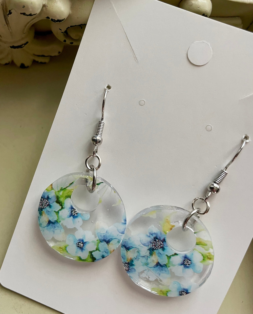 Blue Forget - Me - Not Floral Resin Earrings & Blue Beaded Bracelet Set – Silver White Seed Beads Aqua Accents, Pressed Flower Circle Dangles Handmade Gift - SublimeDesignsBySuzie