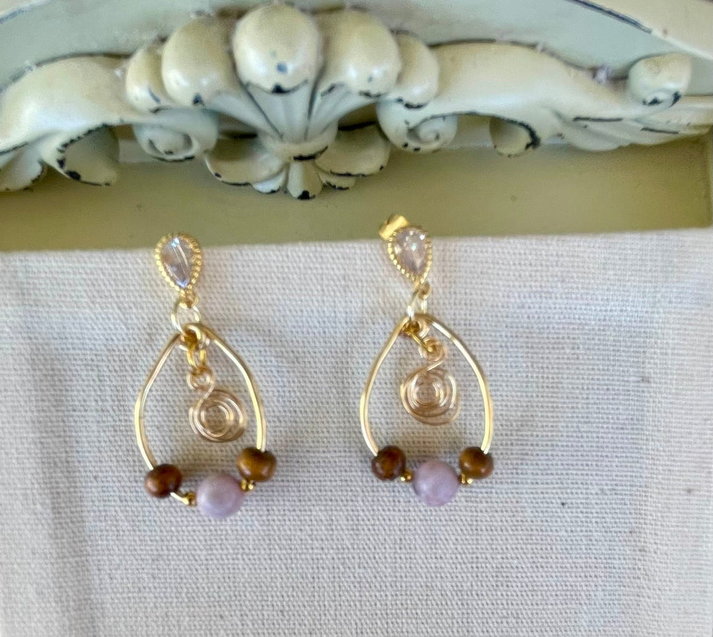 Dainty Gold Plated Boho Rose Quartz Tiger Eye Jewelry - Pink Beaded Bracelet & Flower Swirl Wire Drop Earrings by Suzie with Sublime Designs - SublimeDesignsBySuzie
