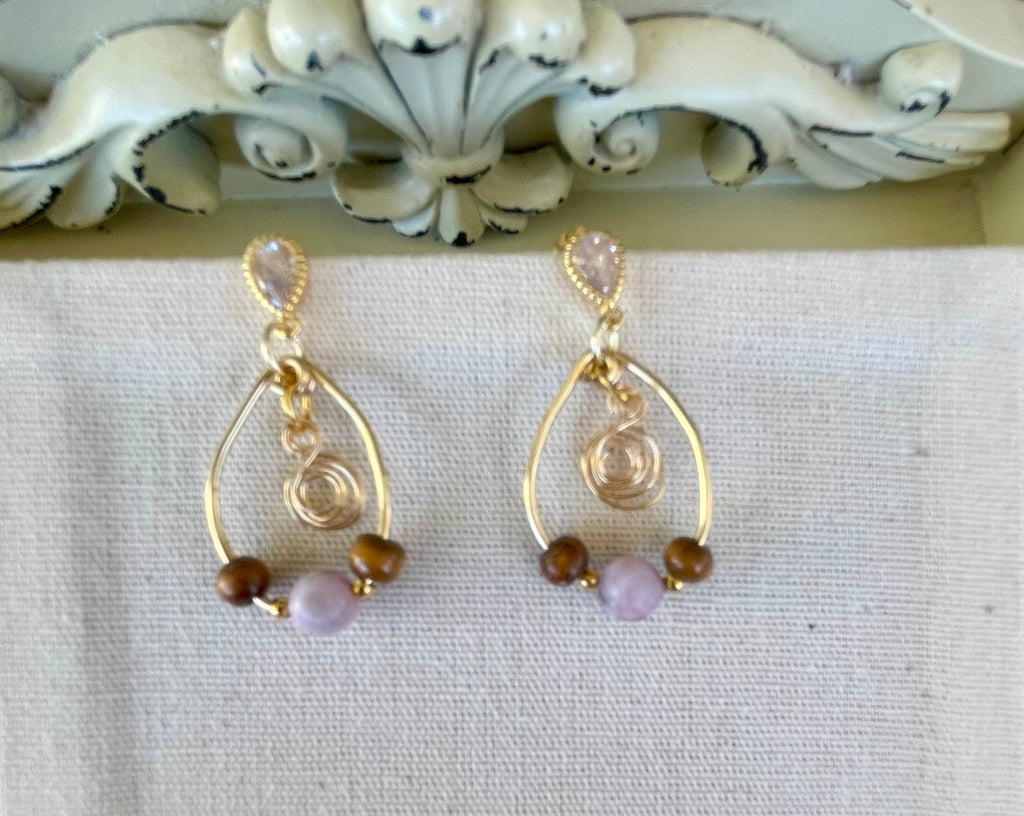 Dainty Gold Plated Boho Rose Quartz Tiger Eye Jewelry - Pink Beaded Bracelet & Flower Swirl Wire Drop Earrings by Suzie with Sublime Designs - SublimeDesignsBySuzie