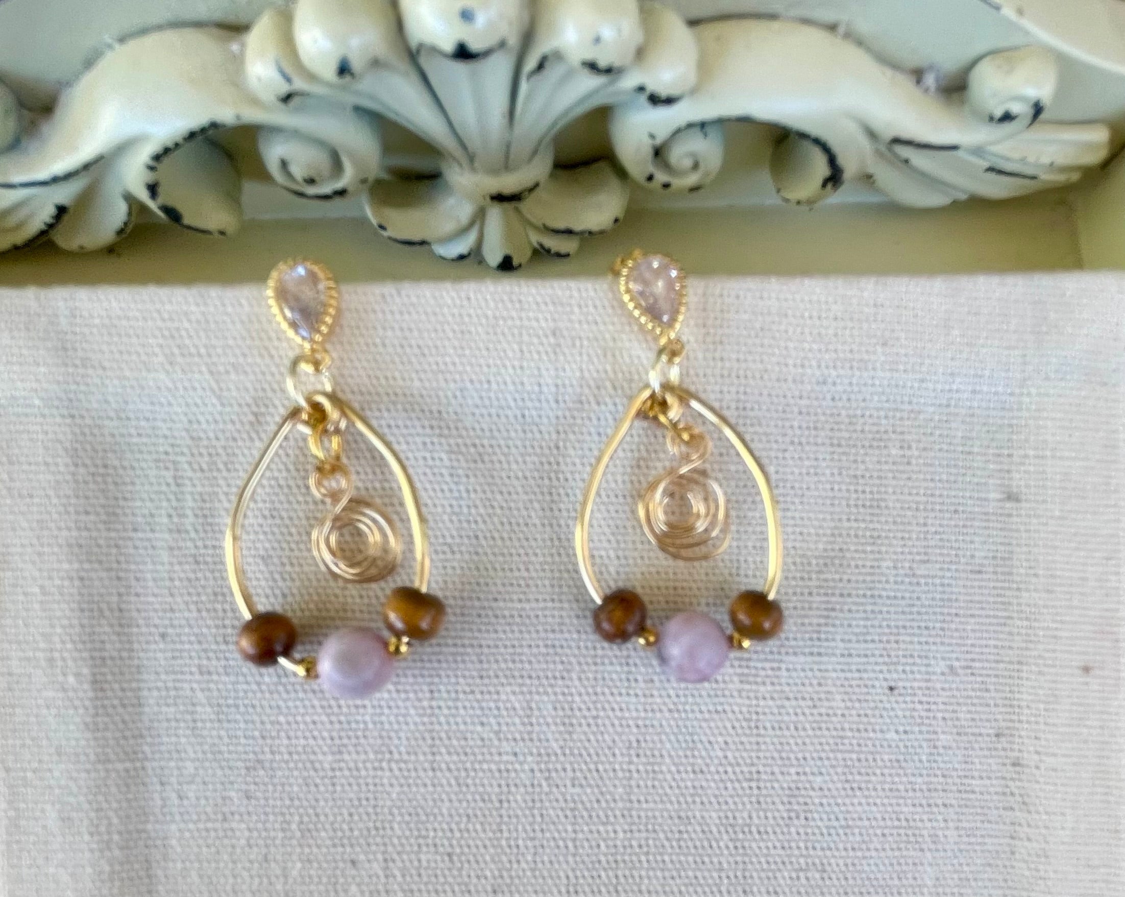 Dainty Gold Plated Boho Rose Quartz Tiger Eye Jewelry - Pink Beaded Bracelet & Flower Swirl Wire Drop Earrings by Suzie with Sublime Designs - SublimeDesignsBySuzie