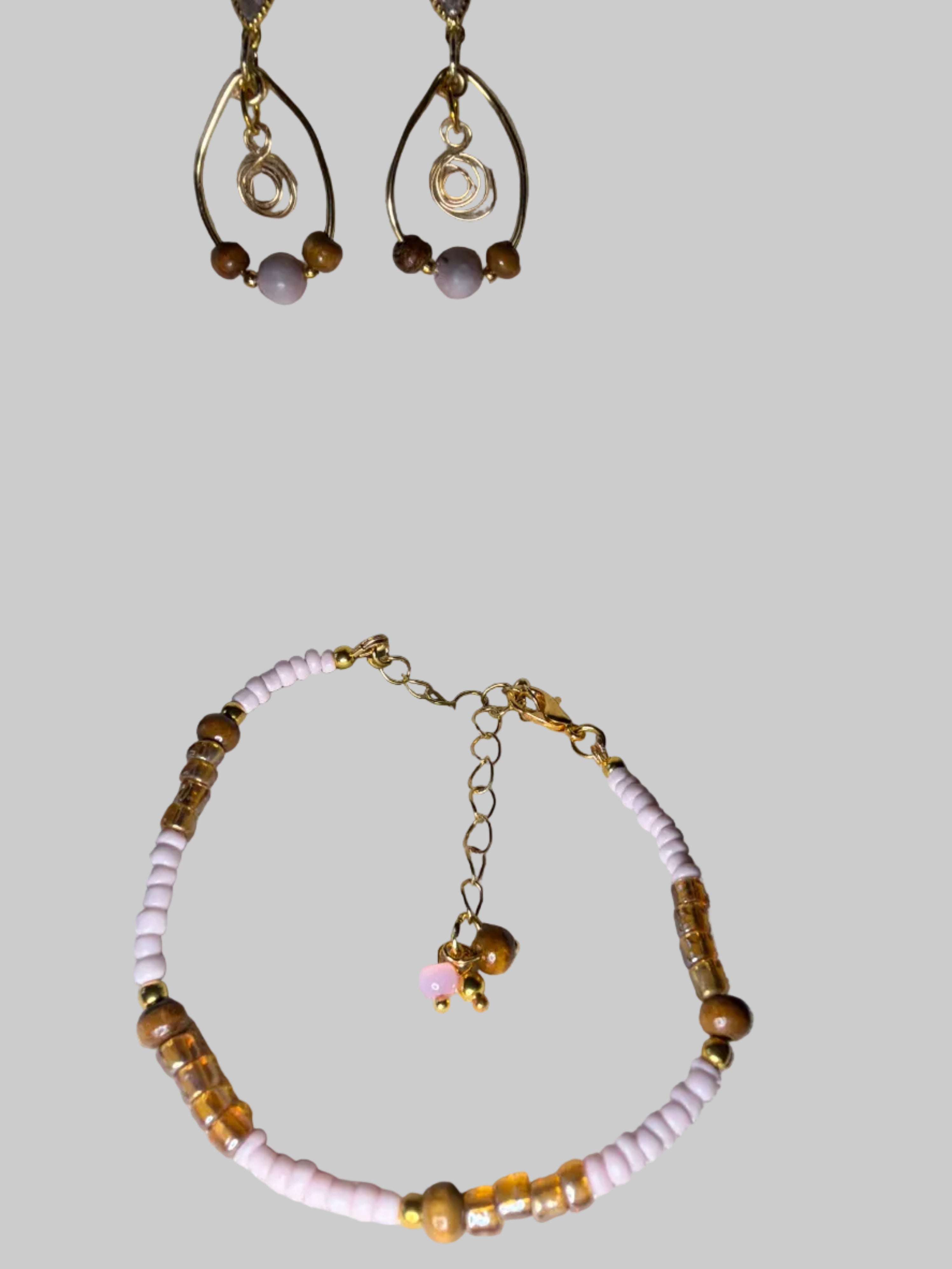 Dainty Gold Plated Boho Rose Quartz Tiger Eye Jewelry - Pink Beaded Bracelet & Flower Swirl Wire Drop Earrings by Suzie with Sublime Designs - SublimeDesignsBySuzie