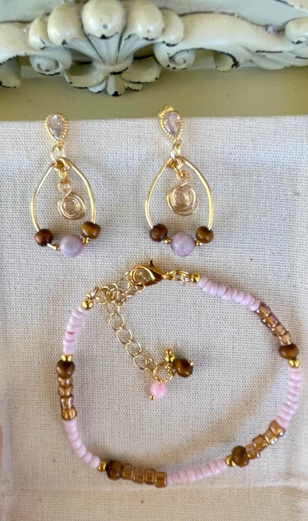 Dainty Gold Plated Boho Rose Quartz Tiger Eye Jewelry - Pink Beaded Bracelet & Flower Swirl Wire Drop Earrings by Suzie with Sublime Designs - SublimeDesignsBySuzie
