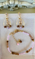 Dainty Gold Plated Boho Rose Quartz Tiger Eye Jewelry - Pink Beaded Bracelet & Flower Swirl Wire Drop Earrings by Suzie with Sublime Designs - SublimeDesignsBySuzie