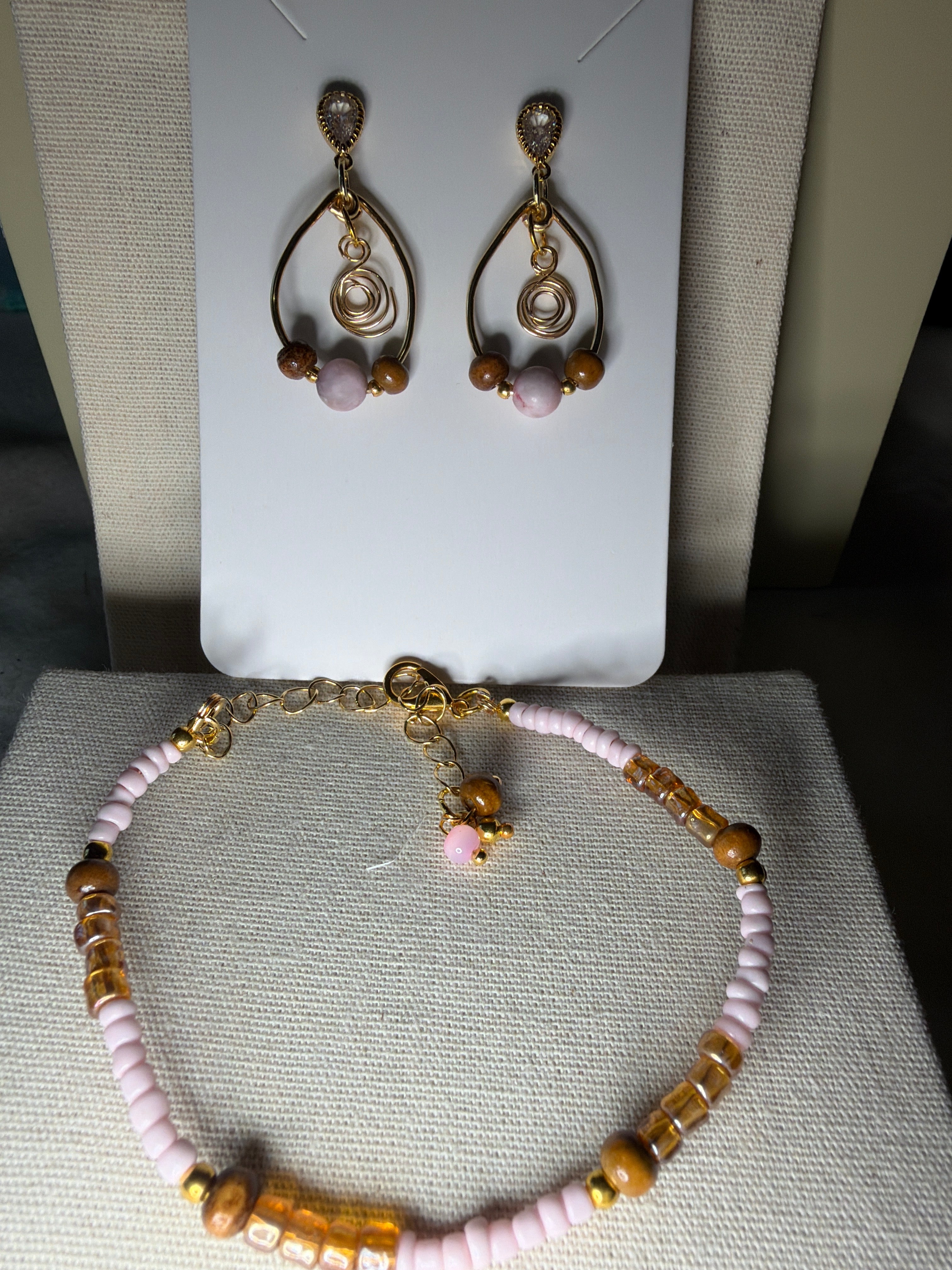 Dainty Gold Plated Boho Rose Quartz Tiger Eye Jewelry - Pink Beaded Bracelet & Flower Swirl Wire Drop Earrings by Suzie with Sublime Designs - SublimeDesignsBySuzie