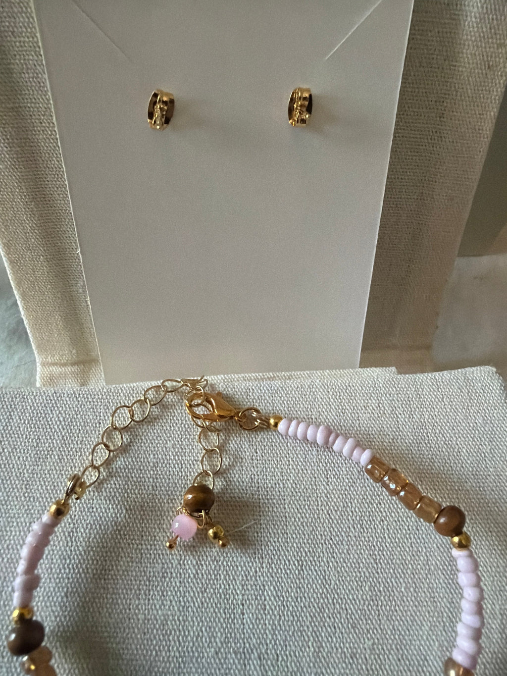 Dainty Gold Plated Boho Rose Quartz Tiger Eye Jewelry - Pink Beaded Bracelet & Flower Swirl Wire Drop Earrings by Suzie with Sublime Designs - SublimeDesignsBySuzie