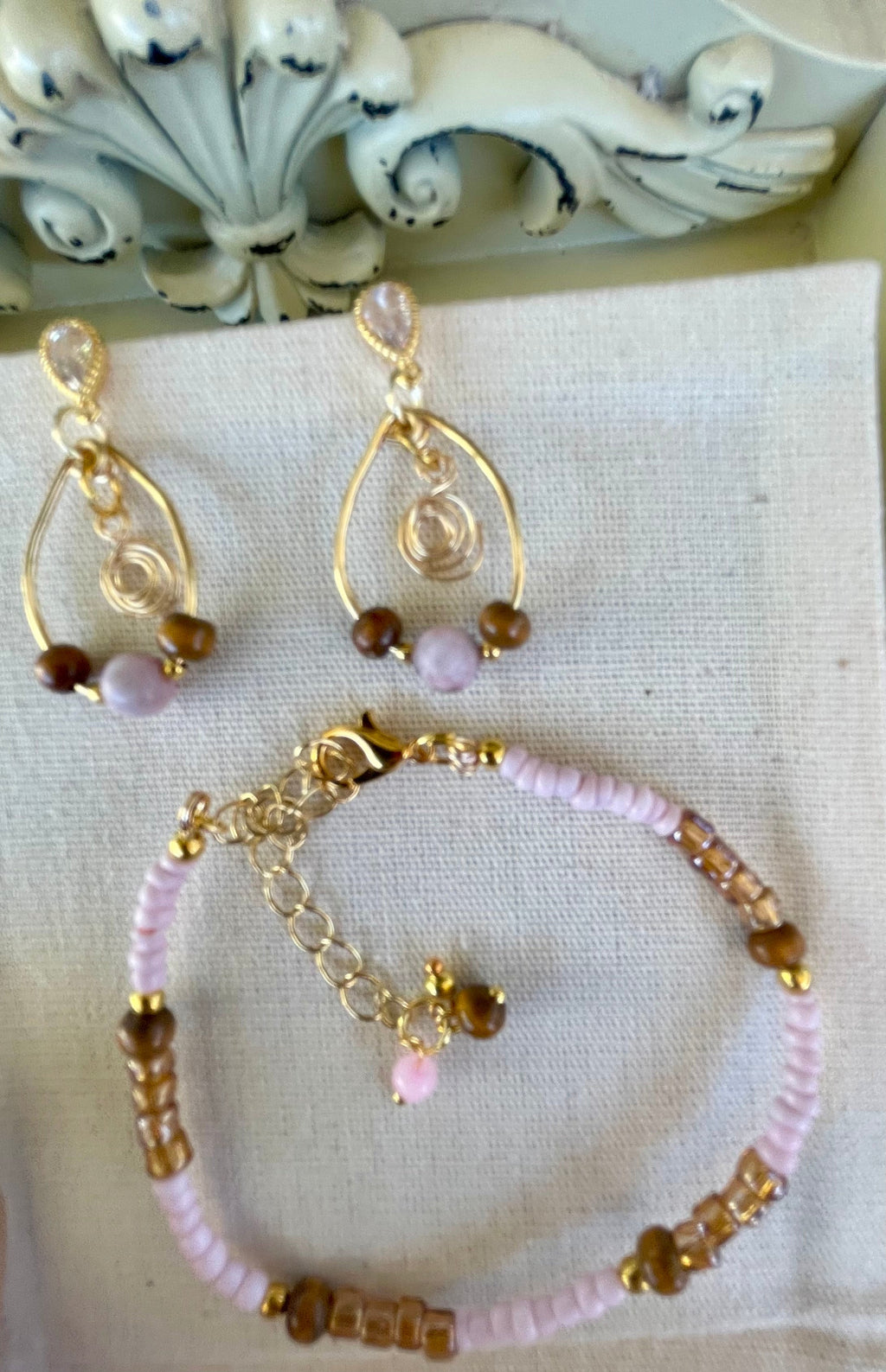 Dainty Gold Plated Boho Rose Quartz Tiger Eye Jewelry - Pink Beaded Bracelet & Flower Swirl Wire Drop Earrings by Suzie with Sublime Designs - SublimeDesignsBySuzie