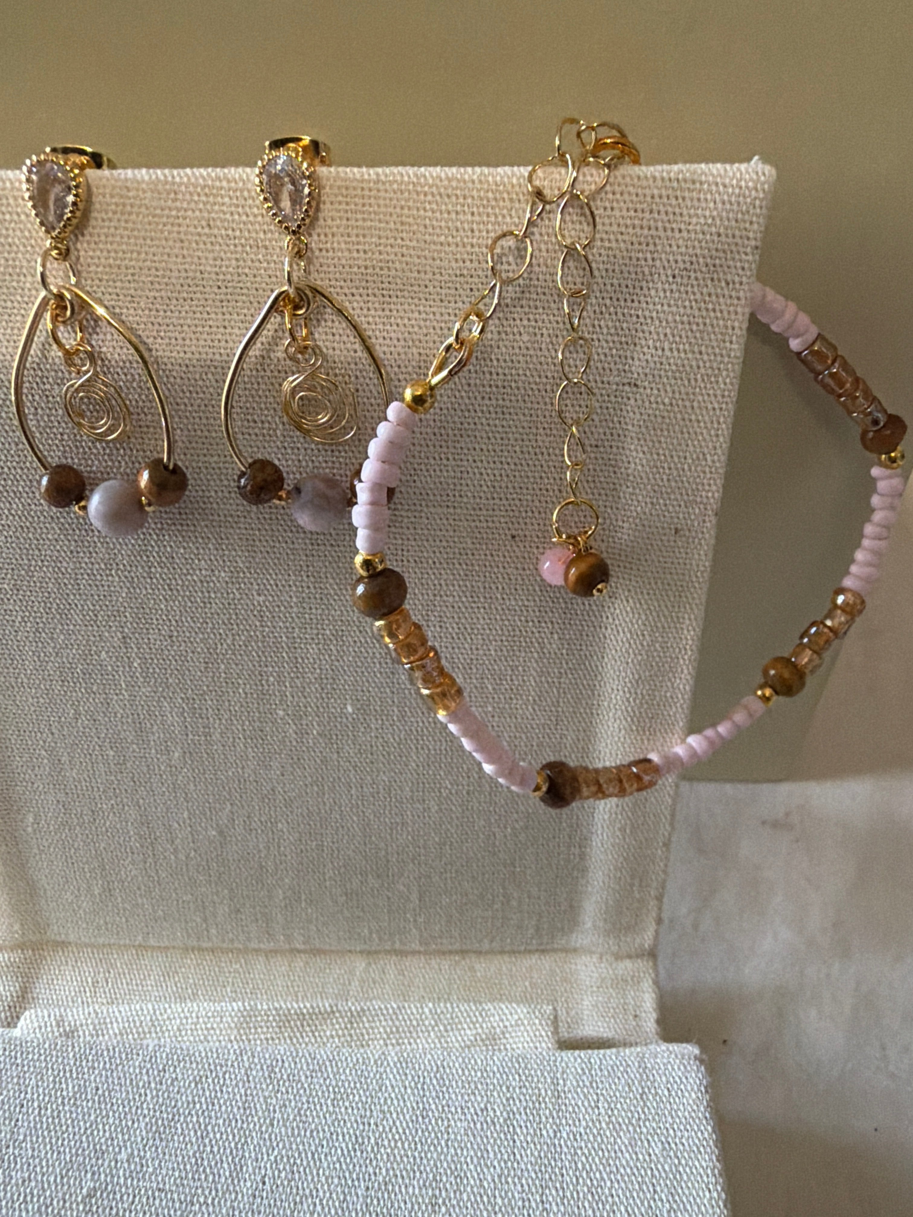Dainty Gold Plated Boho Rose Quartz Tiger Eye Jewelry - Pink Beaded Bracelet & Flower Swirl Wire Drop Earrings by Suzie with Sublime Designs - SublimeDesignsBySuzie