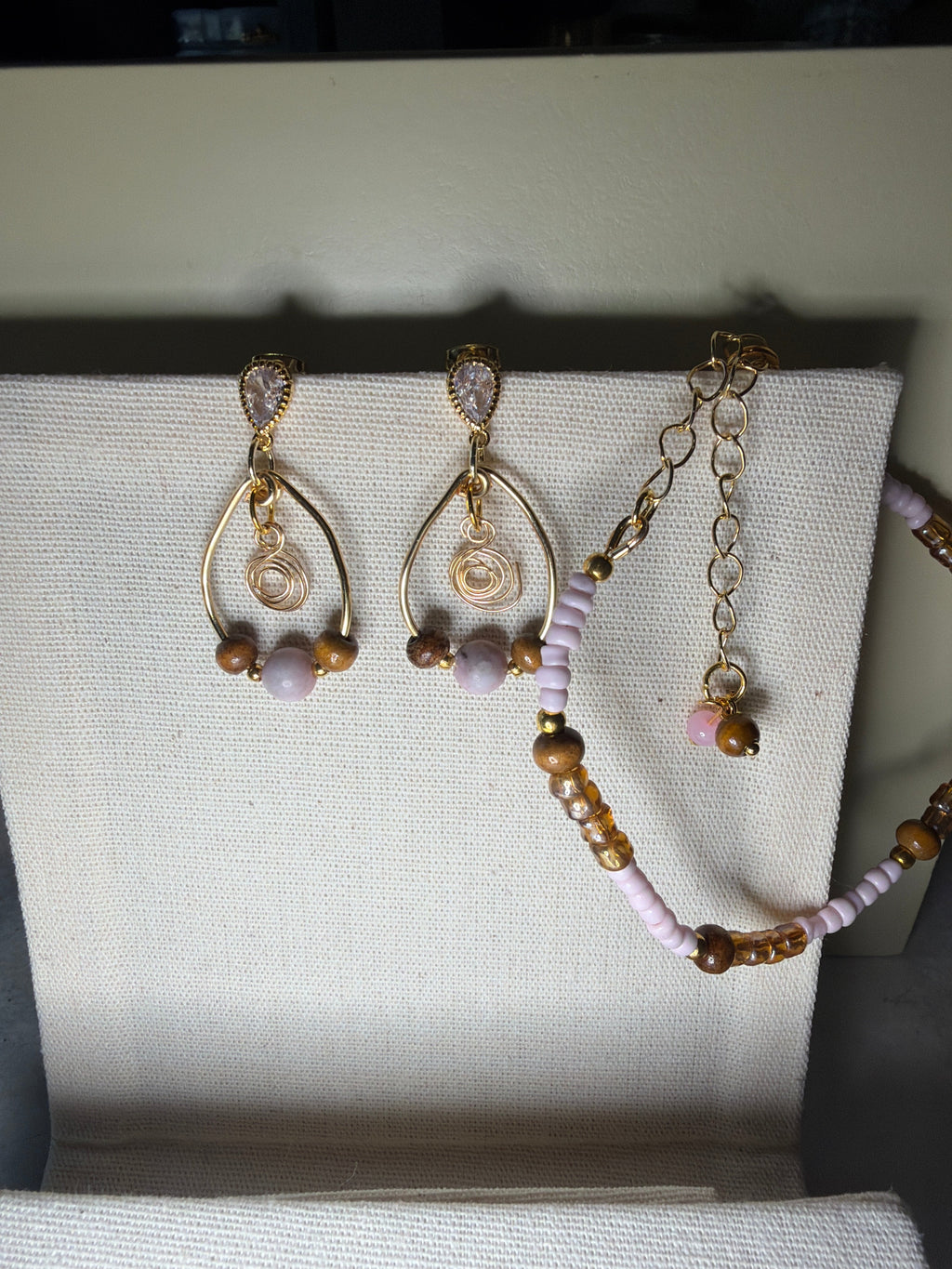 Dainty Gold Plated Boho Rose Quartz Tiger Eye Jewelry - Pink Beaded Bracelet & Flower Swirl Wire Drop Earrings by Suzie with Sublime Designs - SublimeDesignsBySuzie