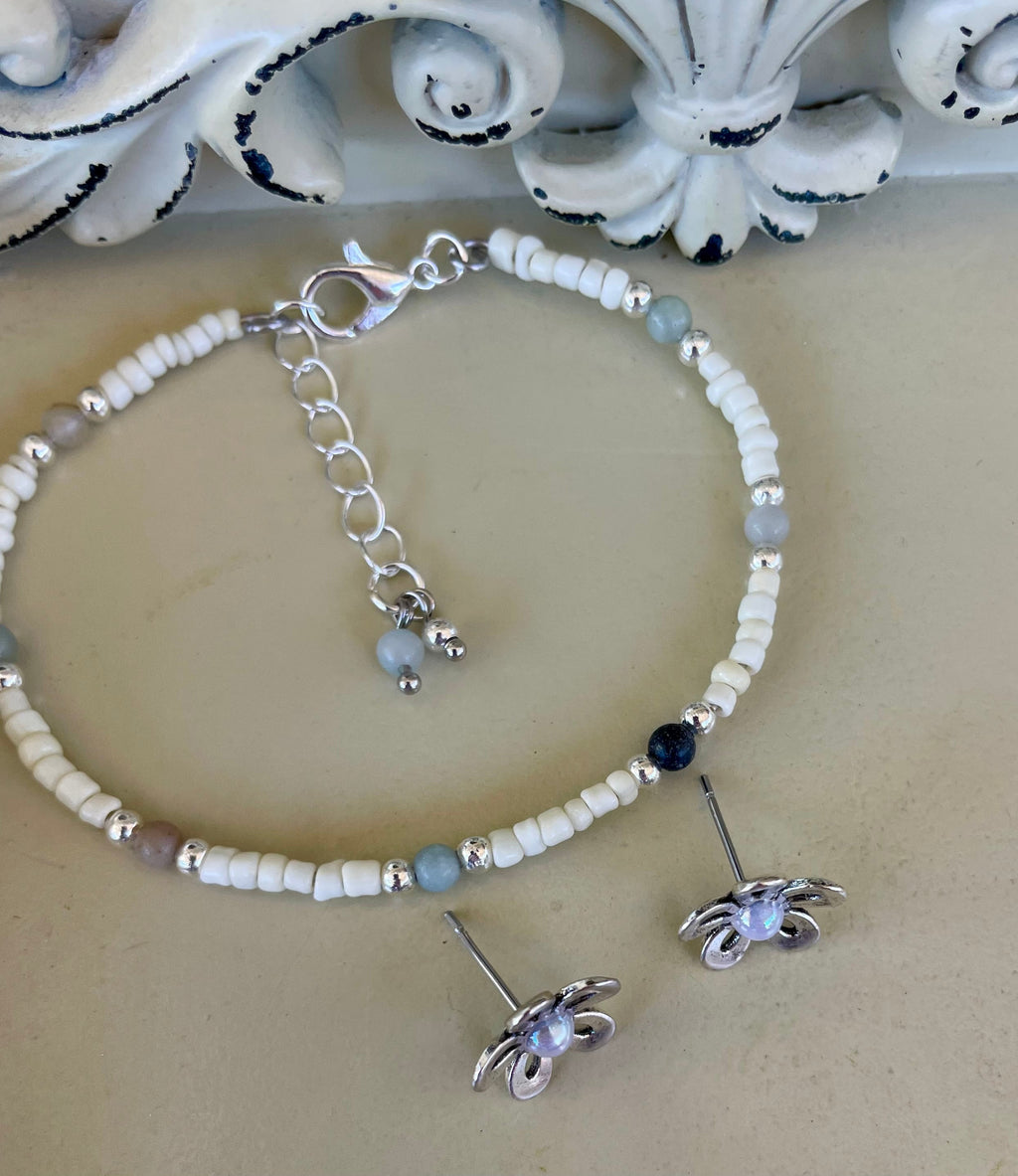 Dainty Silver Plated Opal Flower Jewelry Set - Stud Earrings & Beaded Howlite & Jasper Bracelet with Floral Charms Gift for Her - SublimeDesignsBySuzie - SublimeDesignsBySuzie