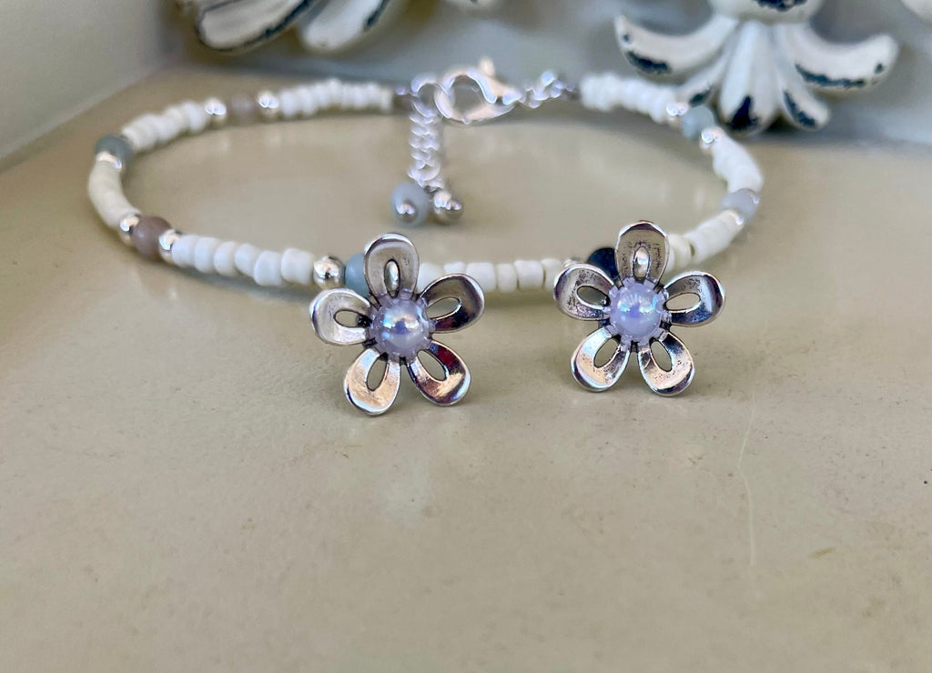Dainty Silver Plated Opal Flower Jewelry Set - Stud Earrings & Beaded Howlite & Jasper Bracelet with Floral Charms Gift for Her - SublimeDesignsBySuzie - SublimeDesignsBySuzie
