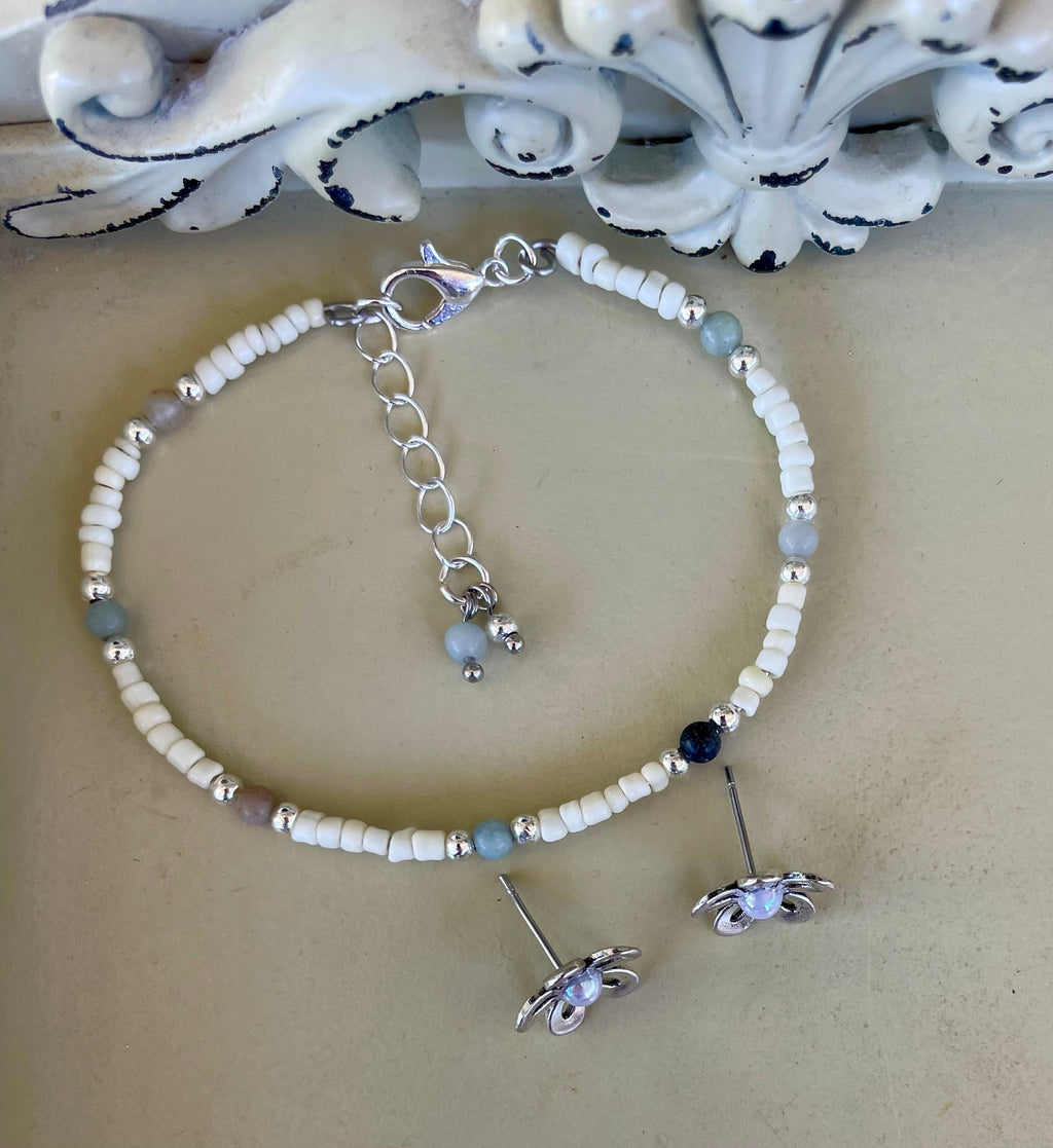 Dainty Silver Plated Opal Flower Jewelry Set - Stud Earrings & Beaded Howlite & Jasper Bracelet with Floral Charms Gift for Her - SublimeDesignsBySuzie - SublimeDesignsBySuzie