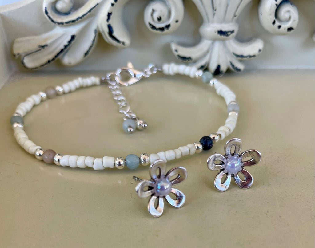 Dainty Silver Plated Opal Flower Jewelry Set - Stud Earrings & Beaded Howlite & Jasper Bracelet with Floral Charms Gift for Her - SublimeDesignsBySuzie - SublimeDesignsBySuzie