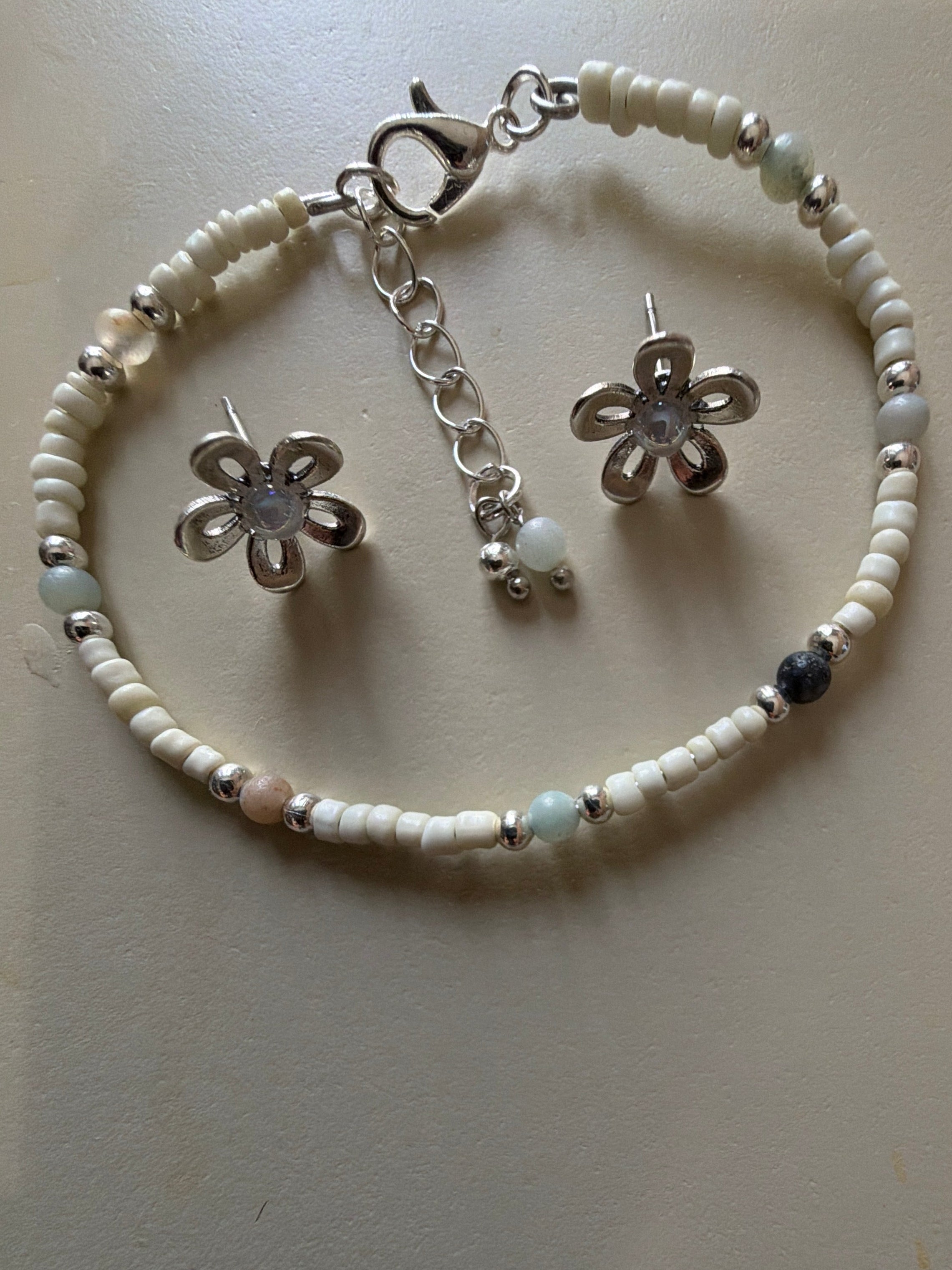 Dainty Silver Plated Opal Flower Jewelry Set - Stud Earrings & Beaded Howlite & Jasper Bracelet with Floral Charms Gift for Her - SublimeDesignsBySuzie - SublimeDesignsBySuzie
