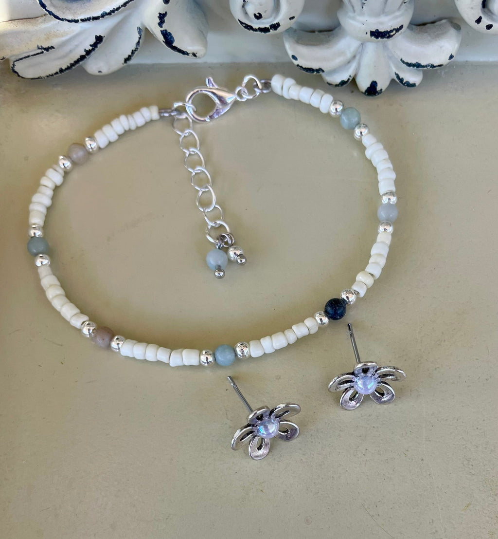 Dainty Silver Plated Opal Flower Jewelry Set - Stud Earrings & Beaded Howlite & Jasper Bracelet with Floral Charms Gift for Her - SublimeDesignsBySuzie - SublimeDesignsBySuzie