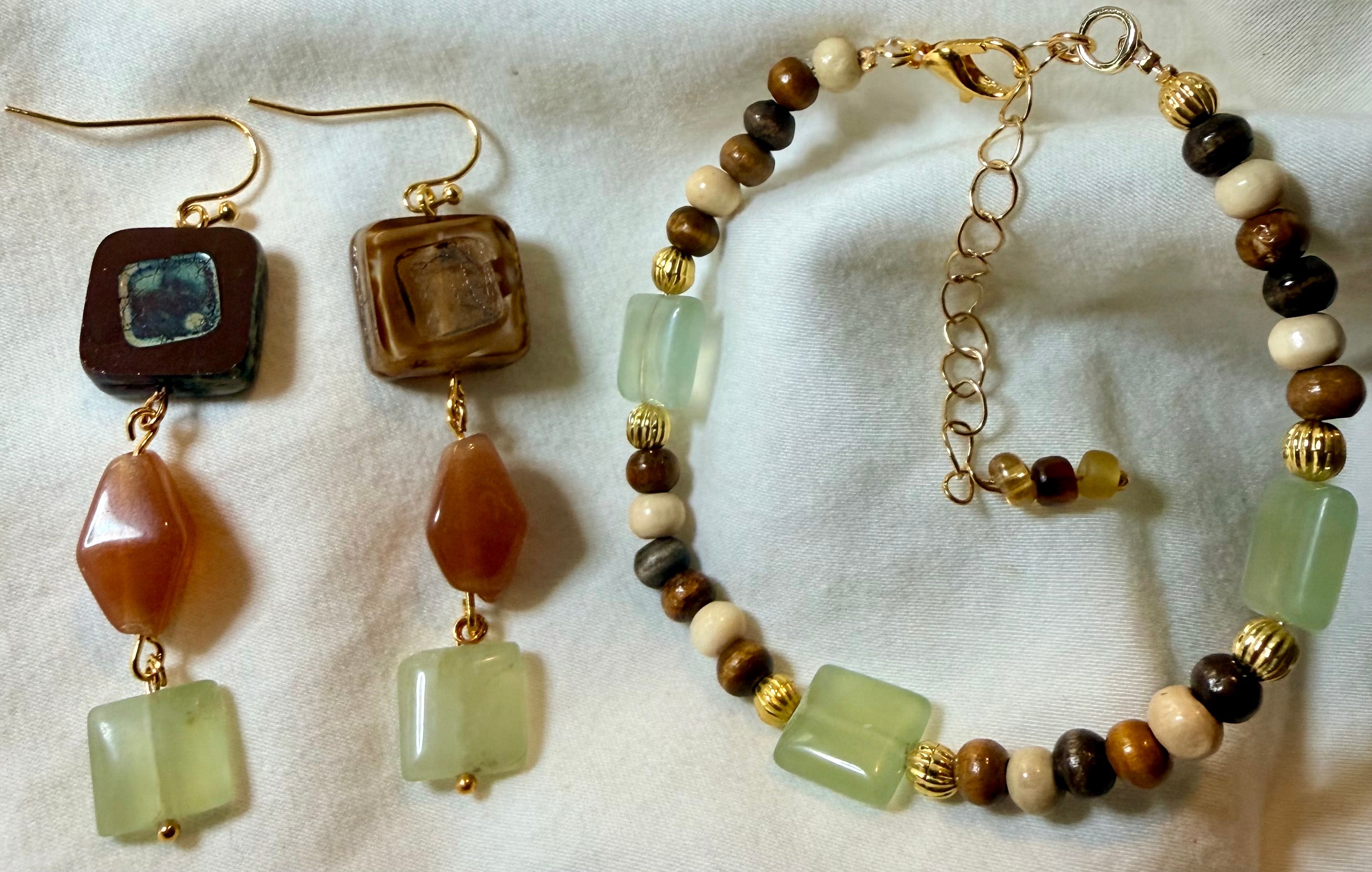 Earthy Jade & Wood Bead Jewelry Set – Boho Gemstone Drop Earrings & Natural Beaded Bracelet - SublimeDesignsBySuzie