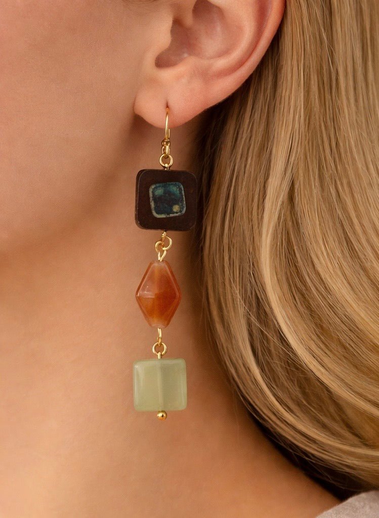 Earthy Jade & Wood Bead Jewelry Set – Boho Gemstone Drop Earrings & Natural Beaded Bracelet - SublimeDesignsBySuzie