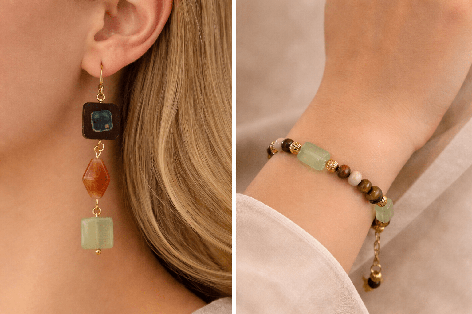 Earthy Jade & Wood Bead Jewelry Set – Boho Gemstone Drop Earrings & Natural Beaded Bracelet - SublimeDesignsBySuzie