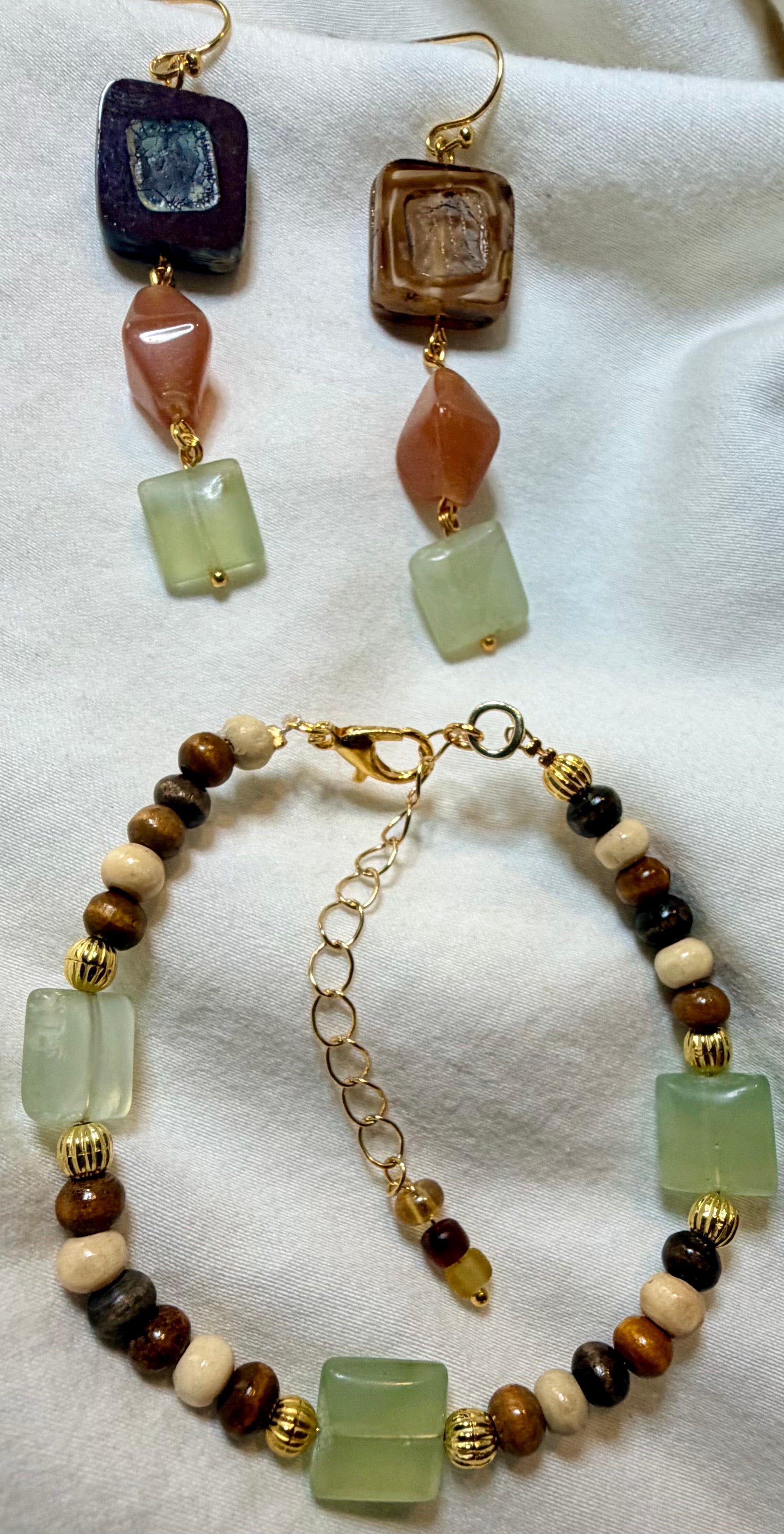 Earthy Jade & Wood Bead Jewelry Set – Boho Gemstone Drop Earrings & Natural Beaded Bracelet - SublimeDesignsBySuzie