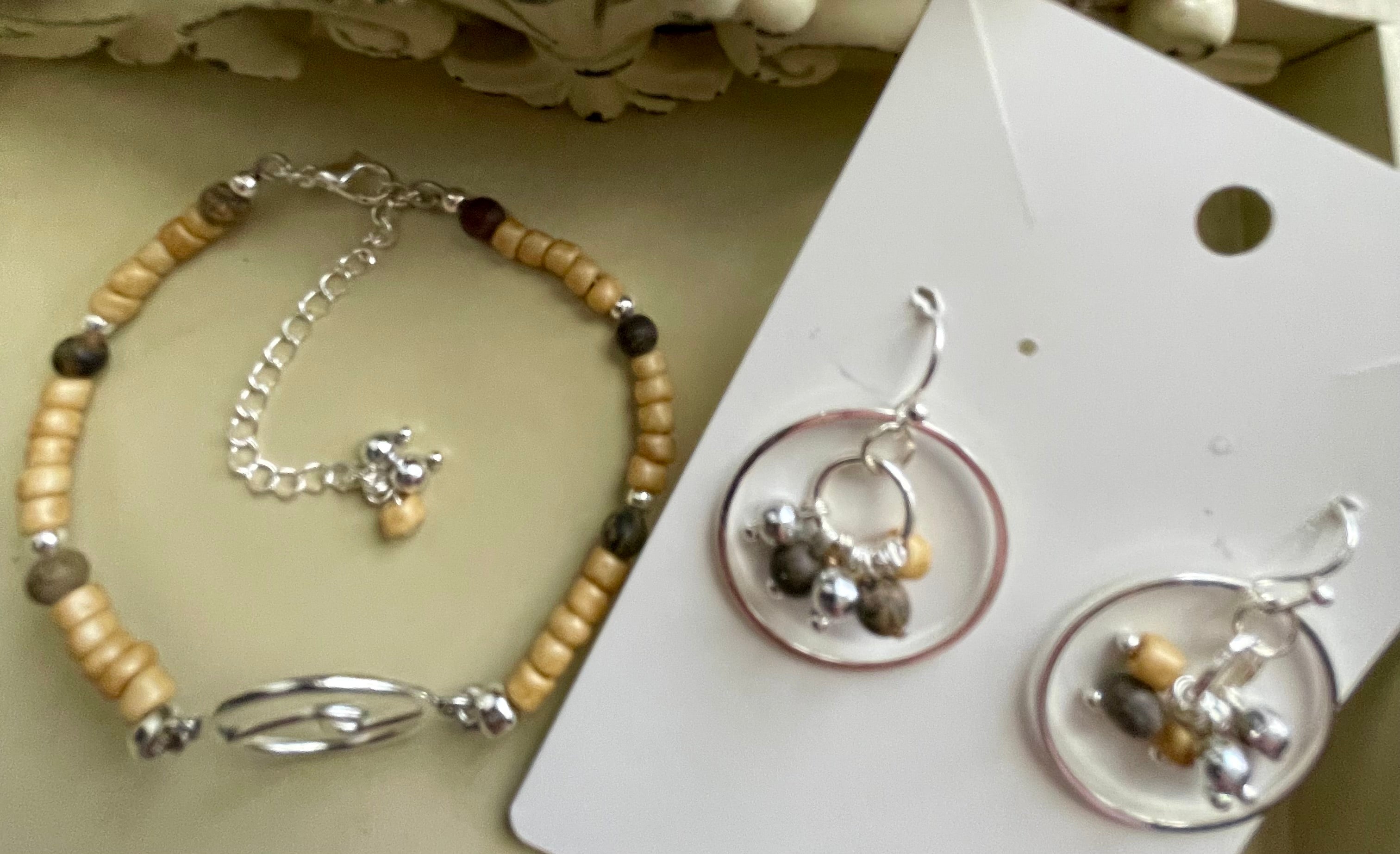 Earthy Neutral Beaded Jewelry Set – Wood Stone Bracelet & Cluster Hoop Earrings, Silver Accents Tan Brown Gray Handmade Boho Gift by Suzie with Sublime Designs - SublimeDesignsBySuzie