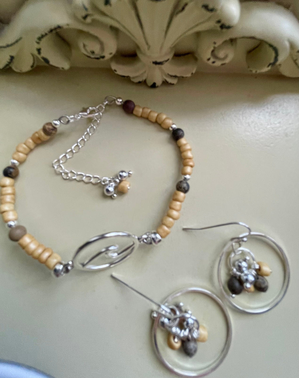 Earthy Neutral Beaded Jewelry Set – Wood Stone Bracelet & Cluster Hoop Earrings, Silver Accents Tan Brown Gray Handmade Boho Gift by Suzie with Sublime Designs - SublimeDesignsBySuzie