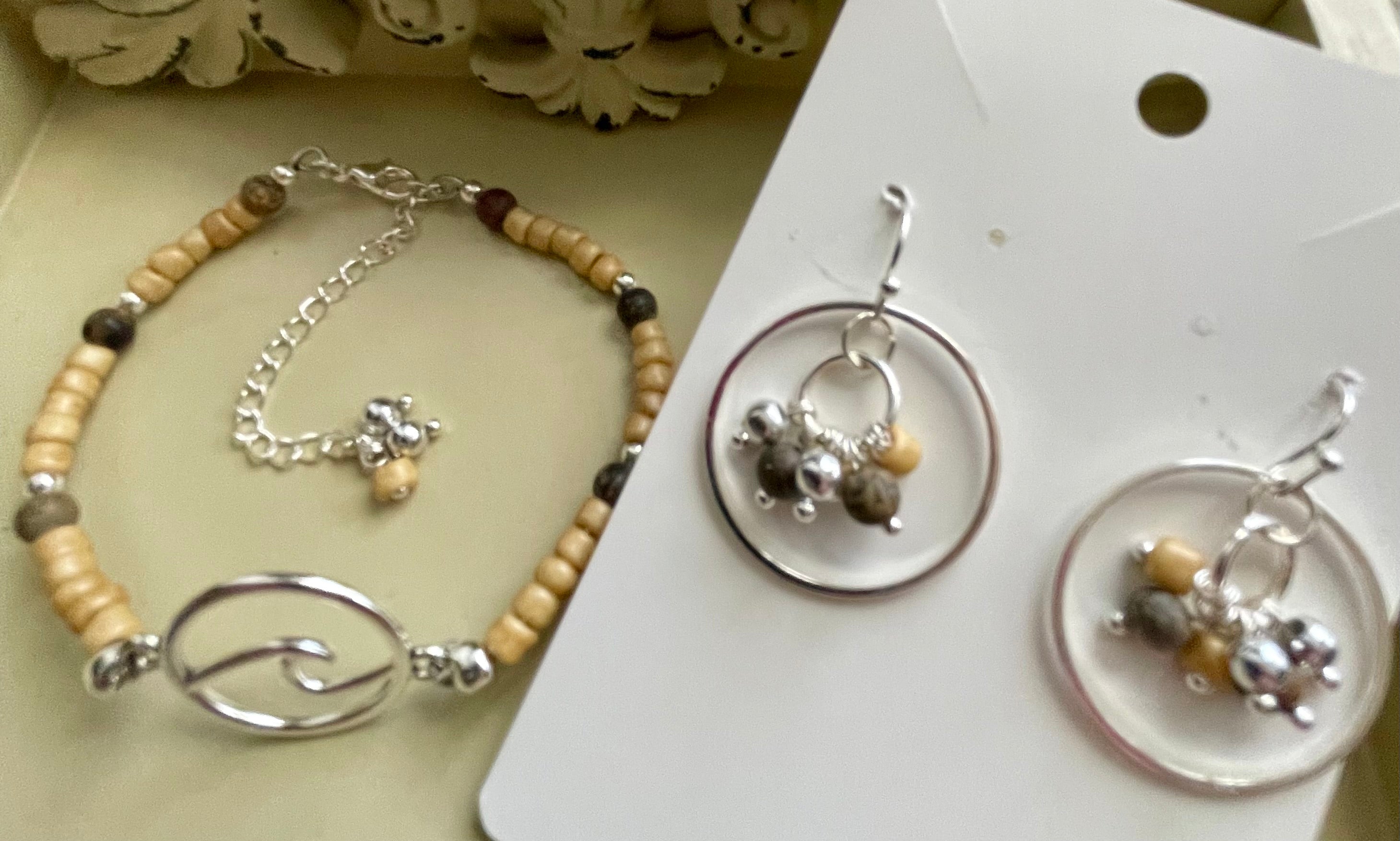 Earthy Neutral Beaded Jewelry Set – Wood Stone Bracelet & Cluster Hoop Earrings, Silver Accents Tan Brown Gray Handmade Boho Gift by Suzie with Sublime Designs - SublimeDesignsBySuzie