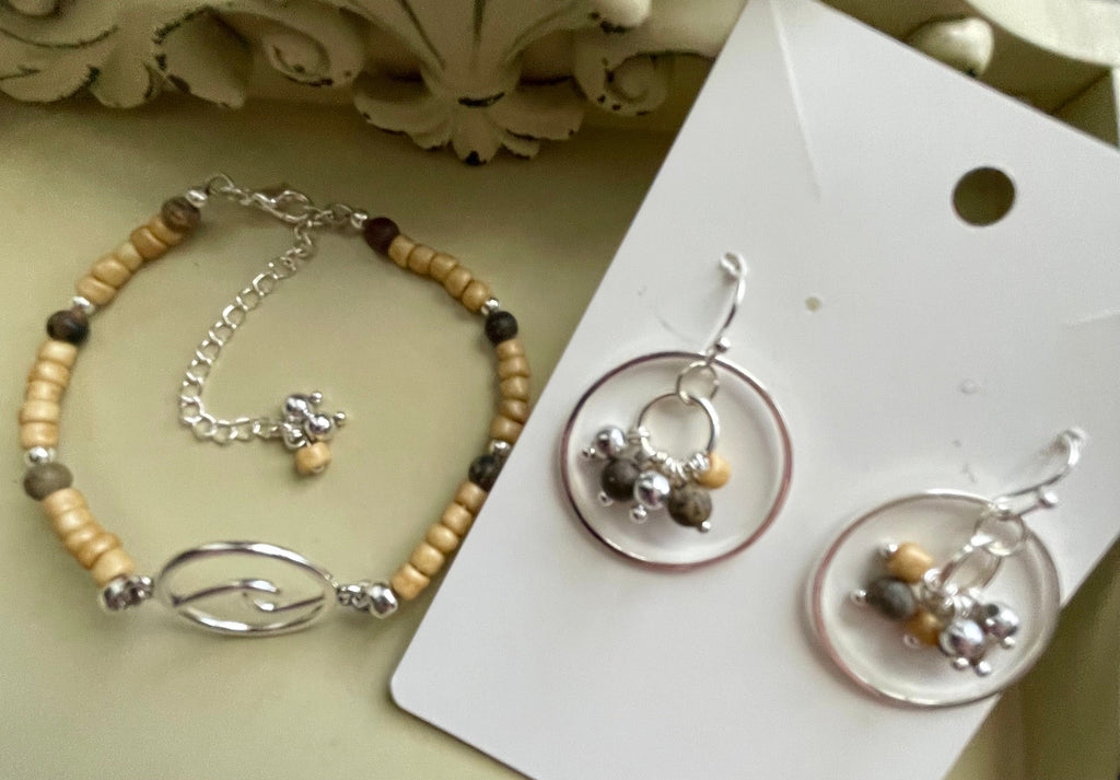Earthy Neutral Beaded Jewelry Set – Wood Stone Bracelet & Cluster Hoop Earrings, Silver Accents Tan Brown Gray Handmade Boho Gift by Suzie with Sublime Designs - SublimeDesignsBySuzie