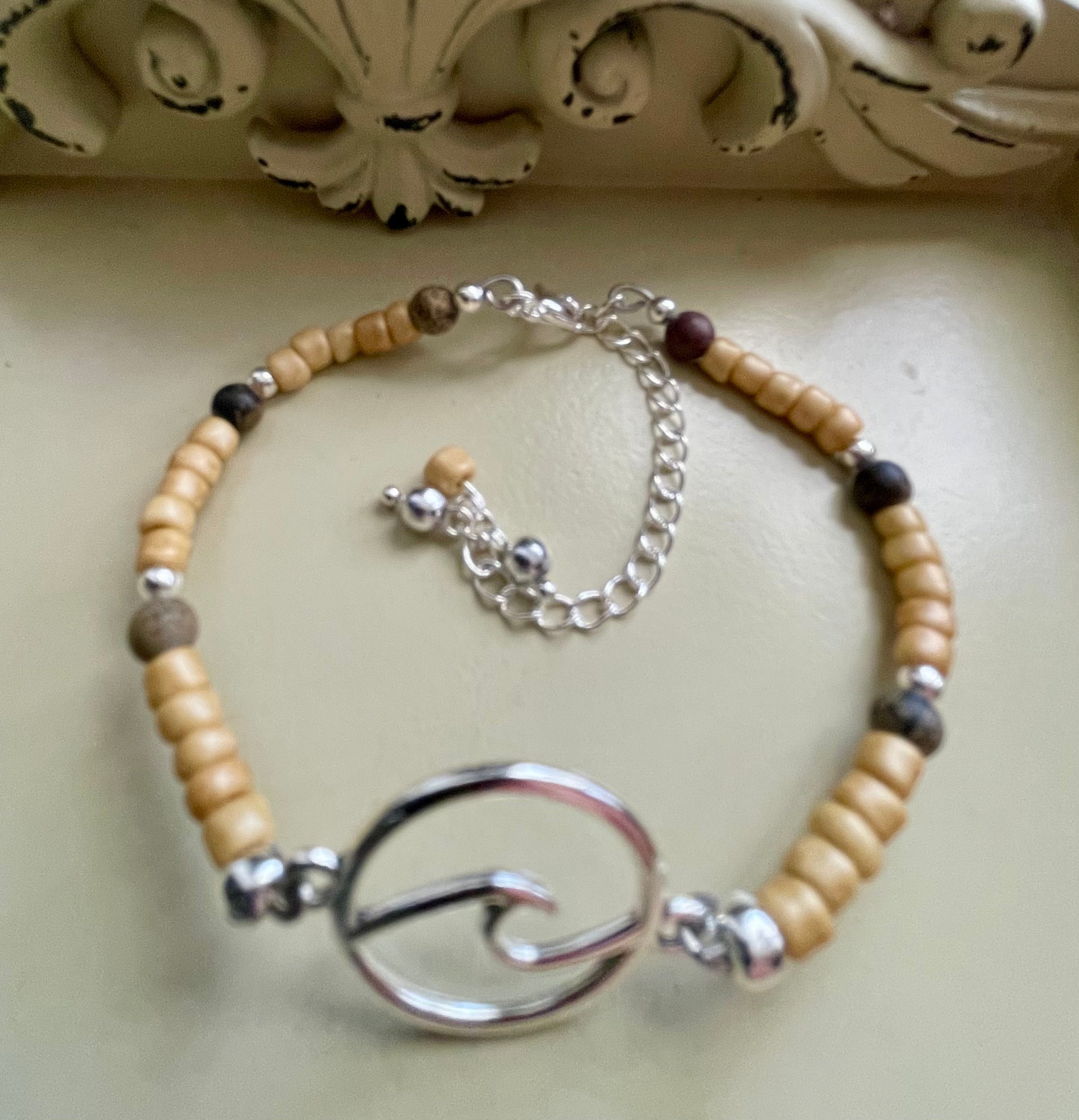 Earthy Neutral Beaded Jewelry Set – Wood Stone Bracelet & Cluster Hoop Earrings, Silver Accents Tan Brown Gray Handmade Boho Gift by Suzie with Sublime Designs - SublimeDesignsBySuzie