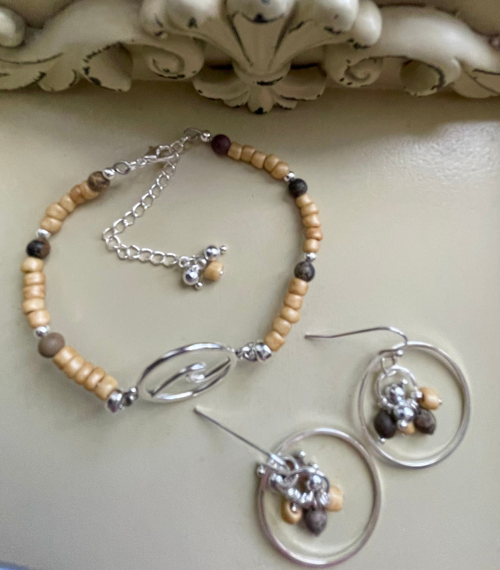 Earthy Neutral Beaded Jewelry Set – Wood Stone Bracelet & Cluster Hoop Earrings, Silver Accents Tan Brown Gray Handmade Boho Gift by Suzie with Sublime Designs - SublimeDesignsBySuzie