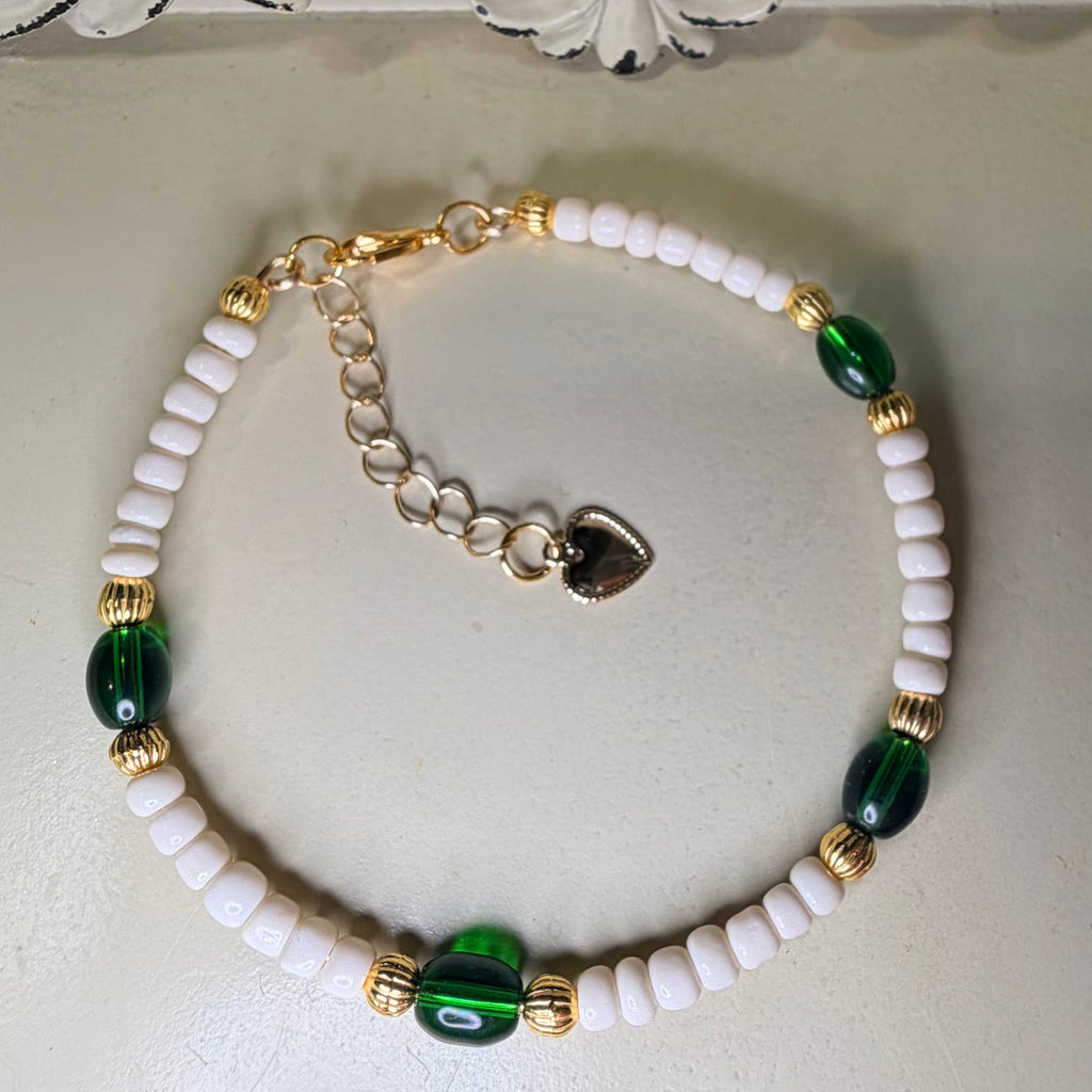 Emerald Coast Beaded Bracelet & Chain Earring Jewelry Set – Green, White & 14k Gold Plated & Cubic Zirconia - SublimeDesignsBySuzie