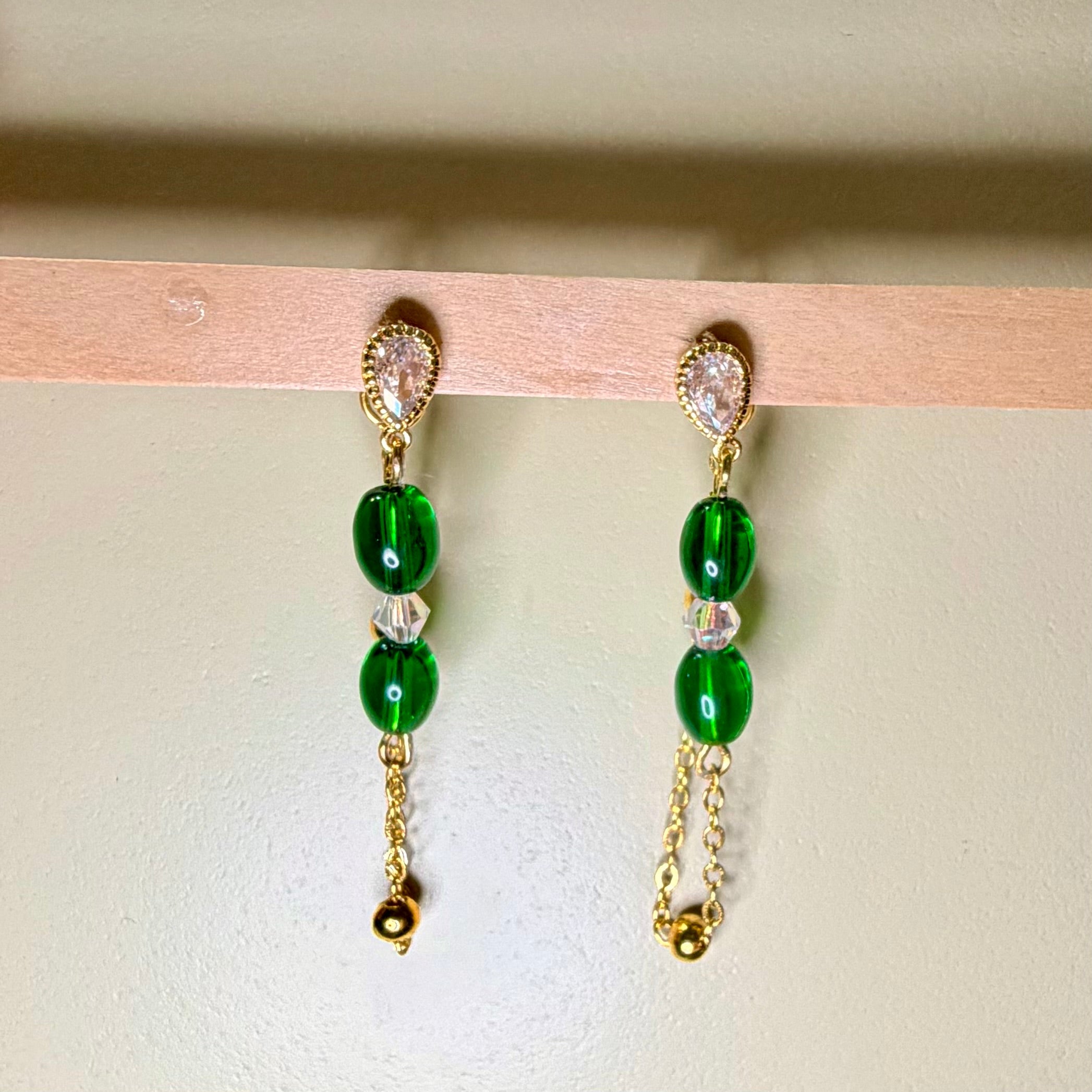 Emerald Coast Beaded Bracelet & Chain Earring Jewelry Set – Green, White & 14k Gold Plated & Cubic Zirconia - SublimeDesignsBySuzie