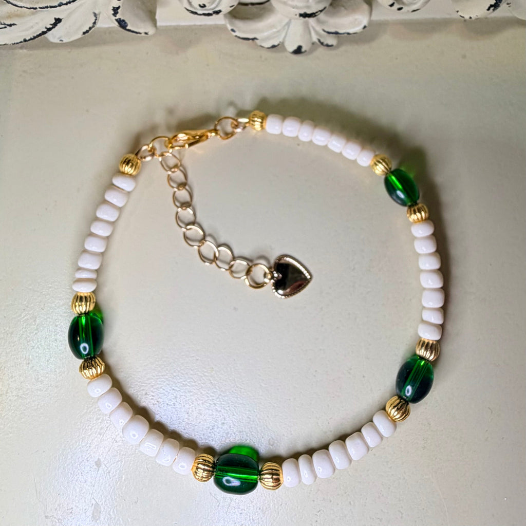 Emerald Coast Beaded Bracelet & Chain Earring Jewelry Set – Green, White & 14k Gold Plated & Cubic Zirconia - SublimeDesignsBySuzie