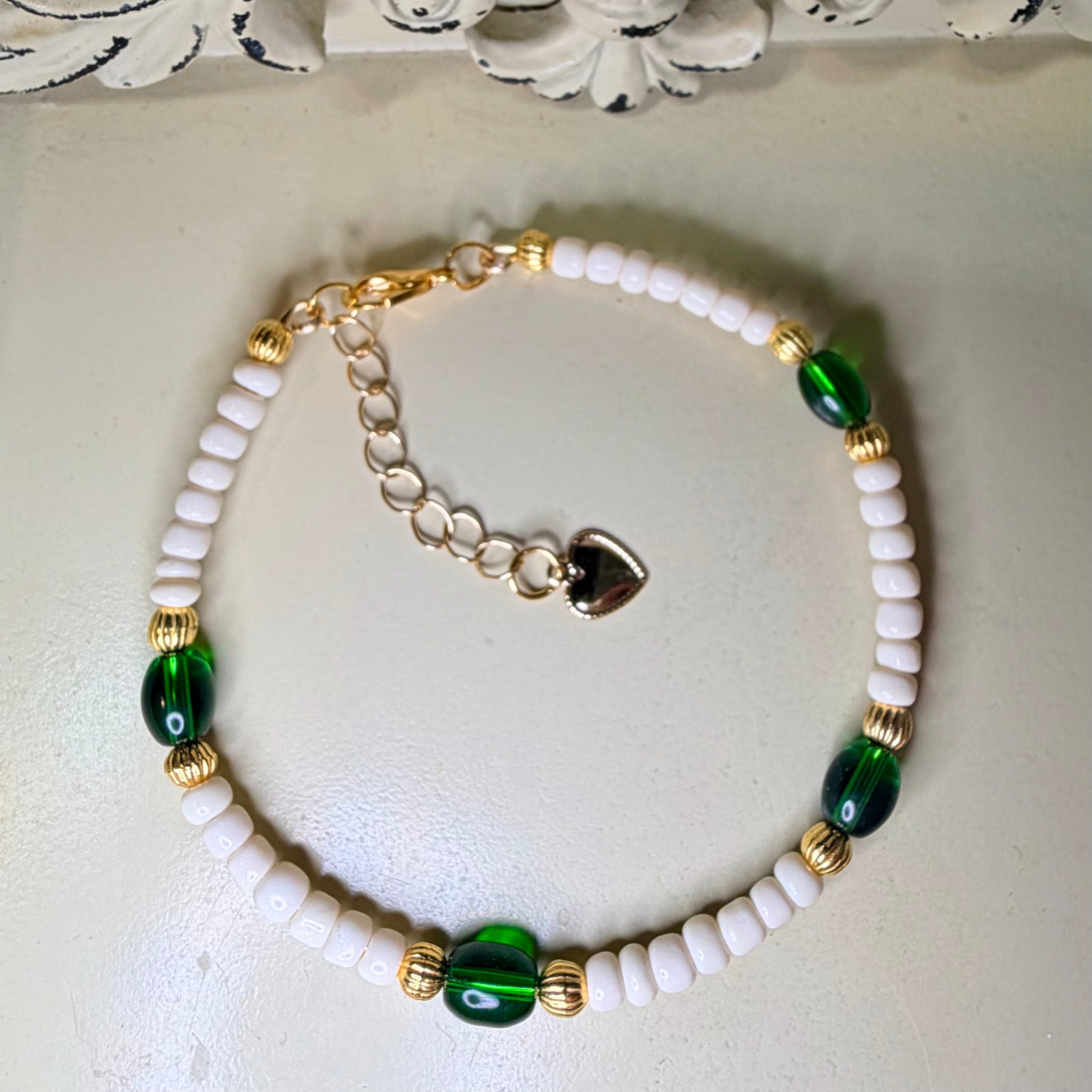 Emerald Coast Beaded Bracelet & Chain Earring Jewelry Set – Green, White & 14k Gold Plated & Cubic Zirconia - SublimeDesignsBySuzie