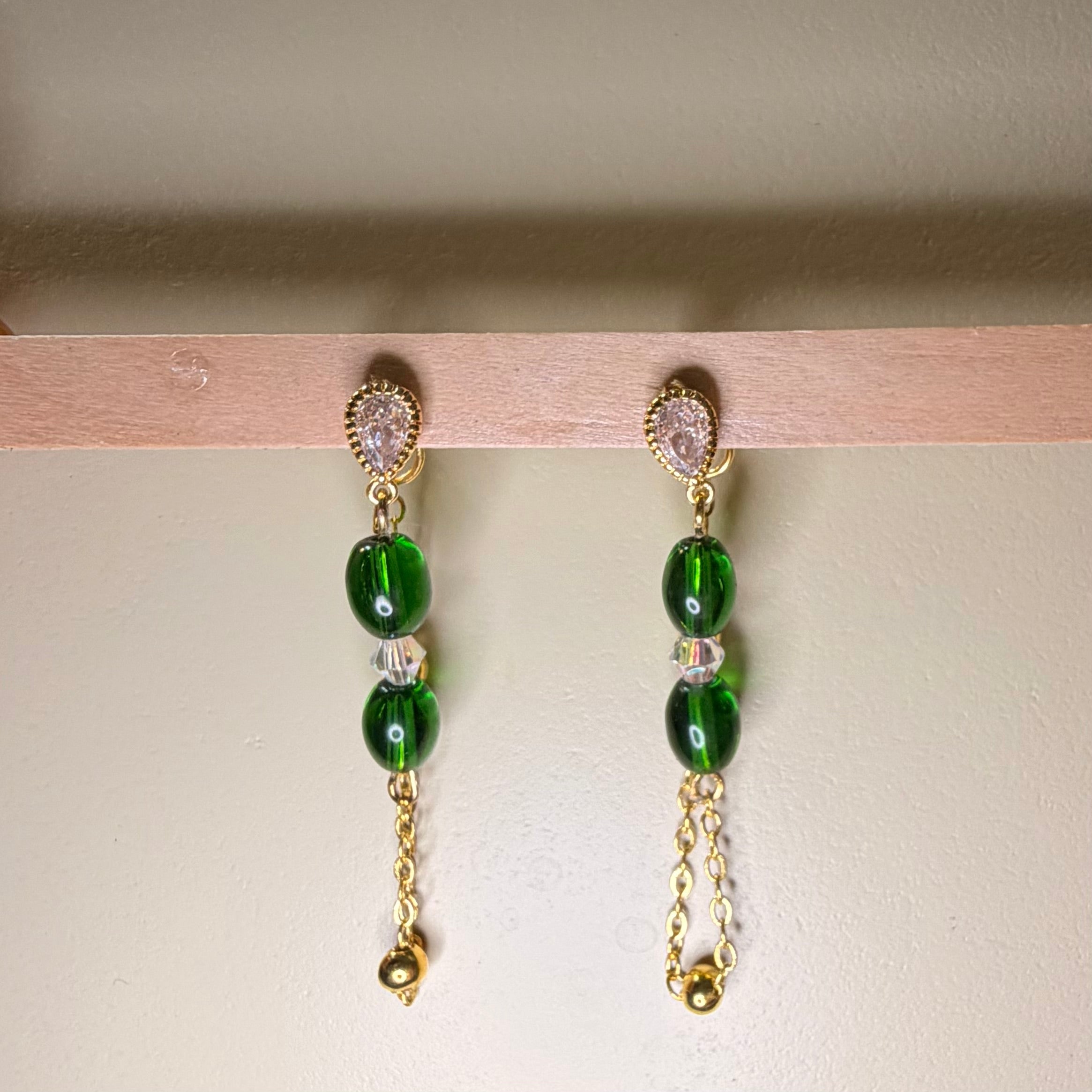 Emerald Coast Beaded Bracelet & Chain Earring Jewelry Set – Green, White & 14k Gold Plated & Cubic Zirconia - SublimeDesignsBySuzie