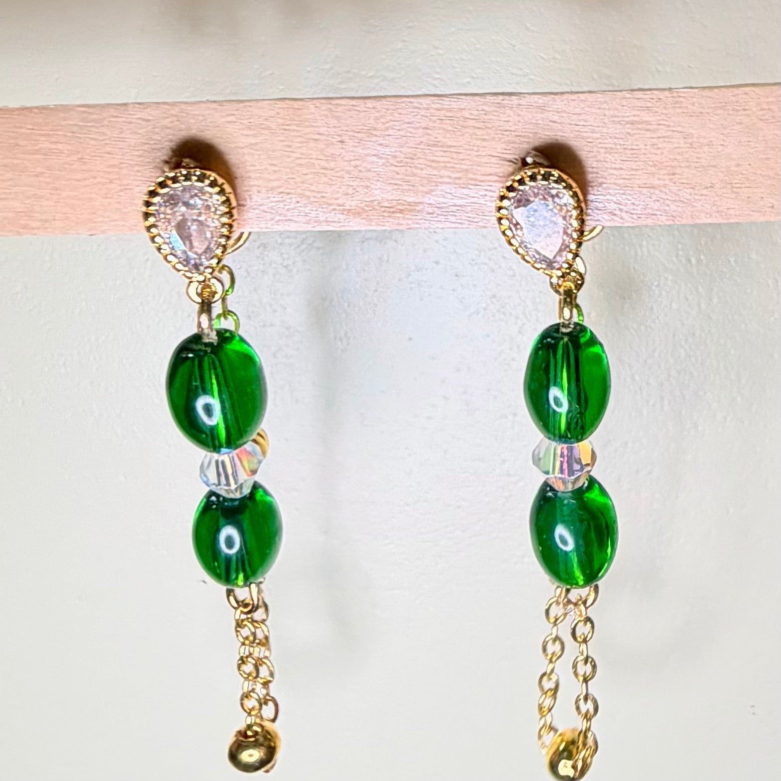 Emerald Coast Beaded Bracelet & Chain Earring Jewelry Set – Green, White & 14k Gold Plated & Cubic Zirconia - SublimeDesignsBySuzie