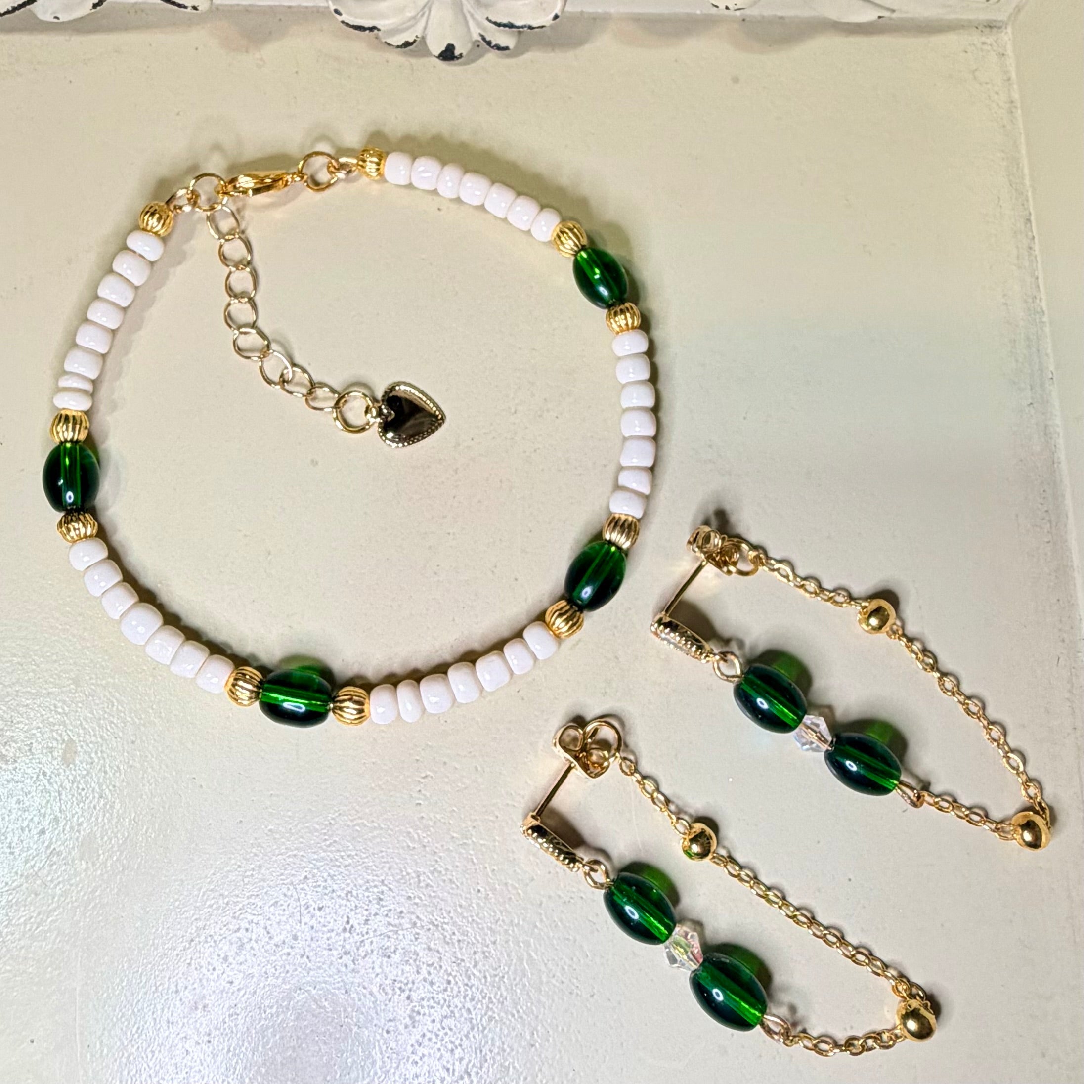 Emerald Coast Beaded Bracelet & Chain Earring Jewelry Set – Green, White & 14k Gold Plated & Cubic Zirconia - SublimeDesignsBySuzie