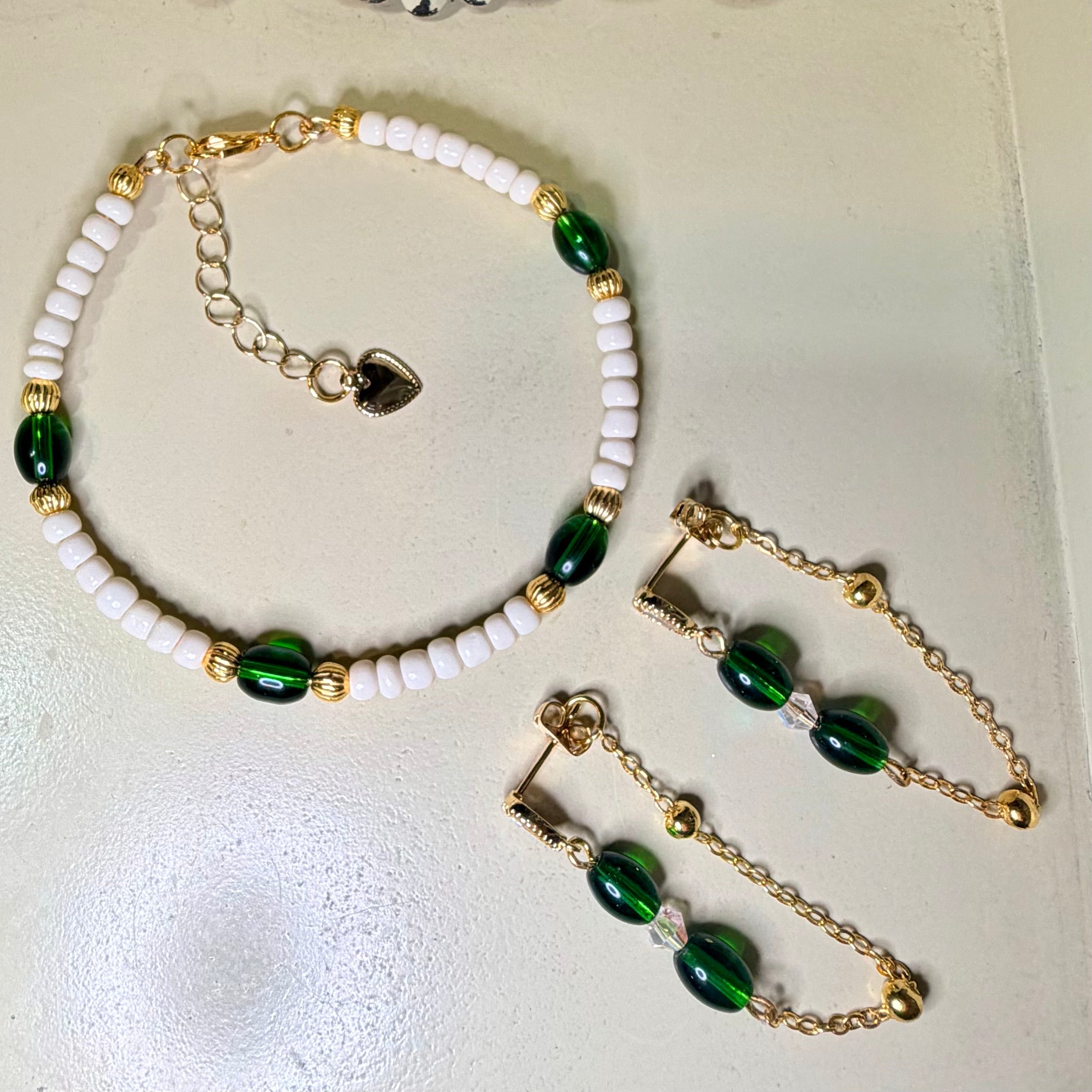 Emerald Coast Beaded Bracelet & Chain Earring Jewelry Set – Green, White & 14k Gold Plated & Cubic Zirconia - SublimeDesignsBySuzie