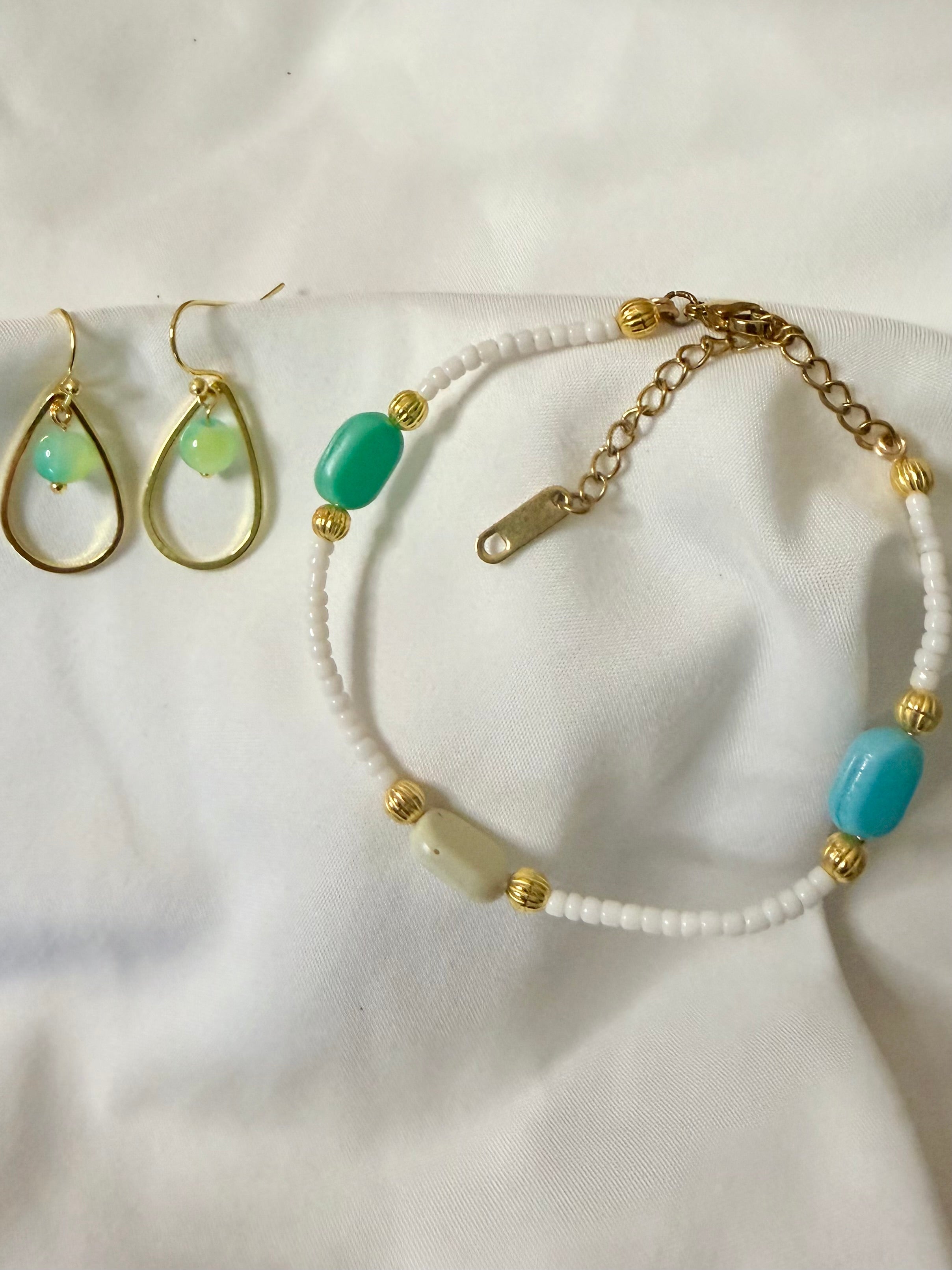 Gold & Mint Opalaka Teardrop Earrings & Turquoise Mint Beaded Bracelet Set - White Seed Bead Anklet with Iridescent Green Drops by SublimeDesignsBySuzie in St Augustine - SublimeDesignsBySuzie