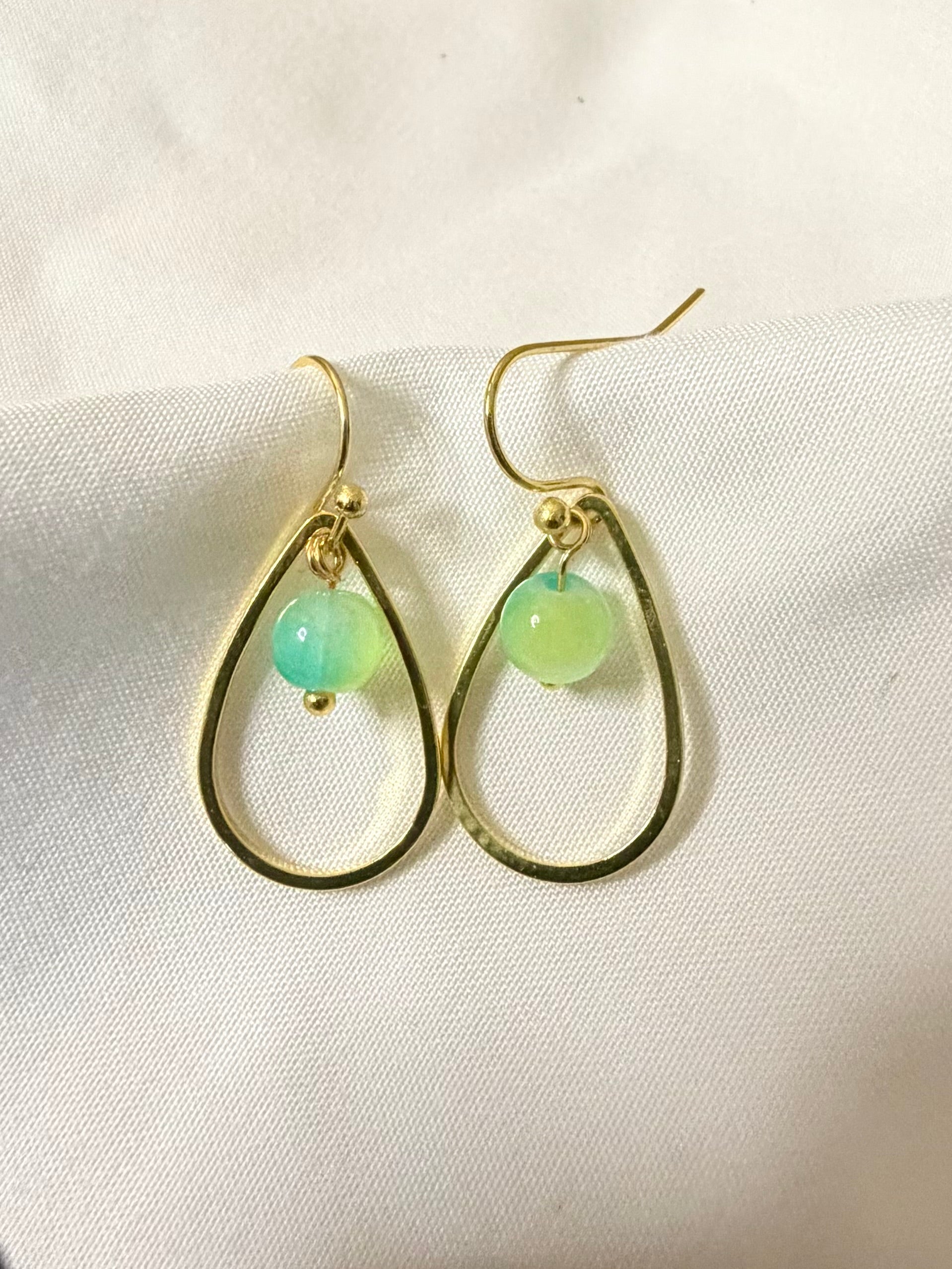 Gold & Mint Opalaka Teardrop Earrings & Turquoise Mint Beaded Bracelet Set - White Seed Bead Anklet with Iridescent Green Drops by SublimeDesignsBySuzie in St Augustine - SublimeDesignsBySuzie