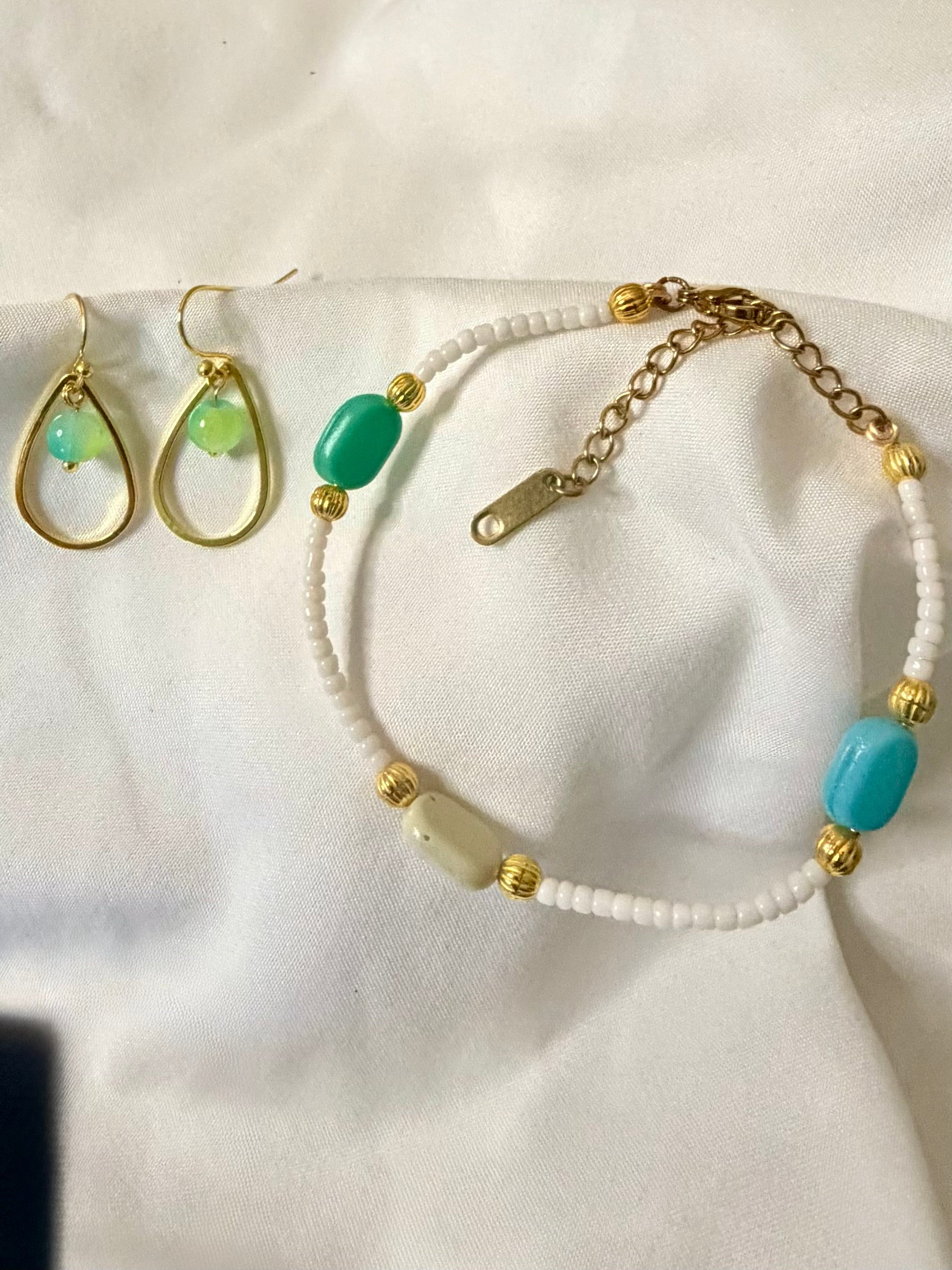 Gold & Mint Opalaka Teardrop Earrings & Turquoise Mint Beaded Bracelet Set - White Seed Bead Anklet with Iridescent Green Drops by SublimeDesignsBySuzie in St Augustine - SublimeDesignsBySuzie