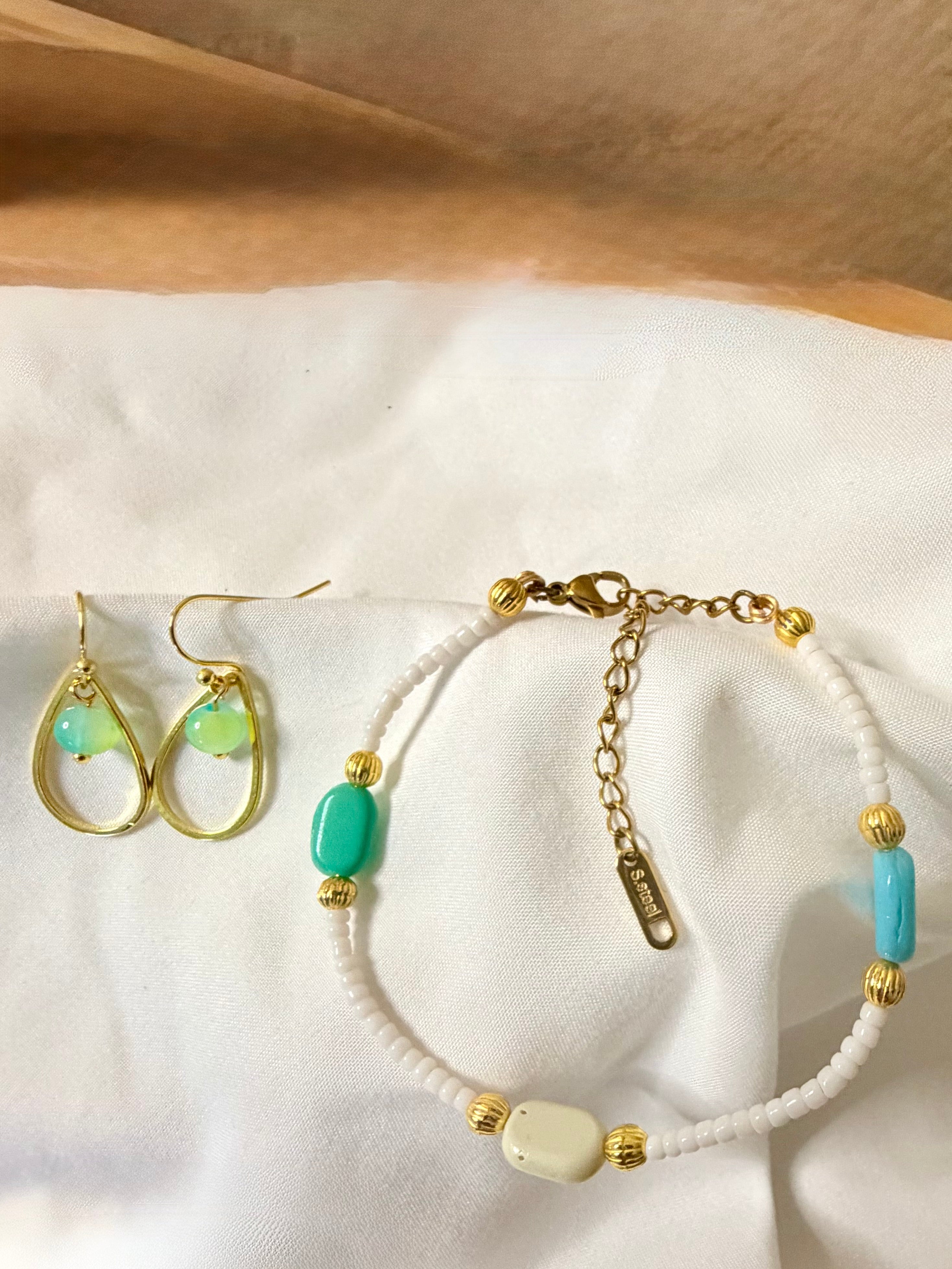 Gold & Mint Opalaka Teardrop Earrings & Turquoise Mint Beaded Bracelet Set - White Seed Bead Anklet with Iridescent Green Drops by SublimeDesignsBySuzie in St Augustine - SublimeDesignsBySuzie