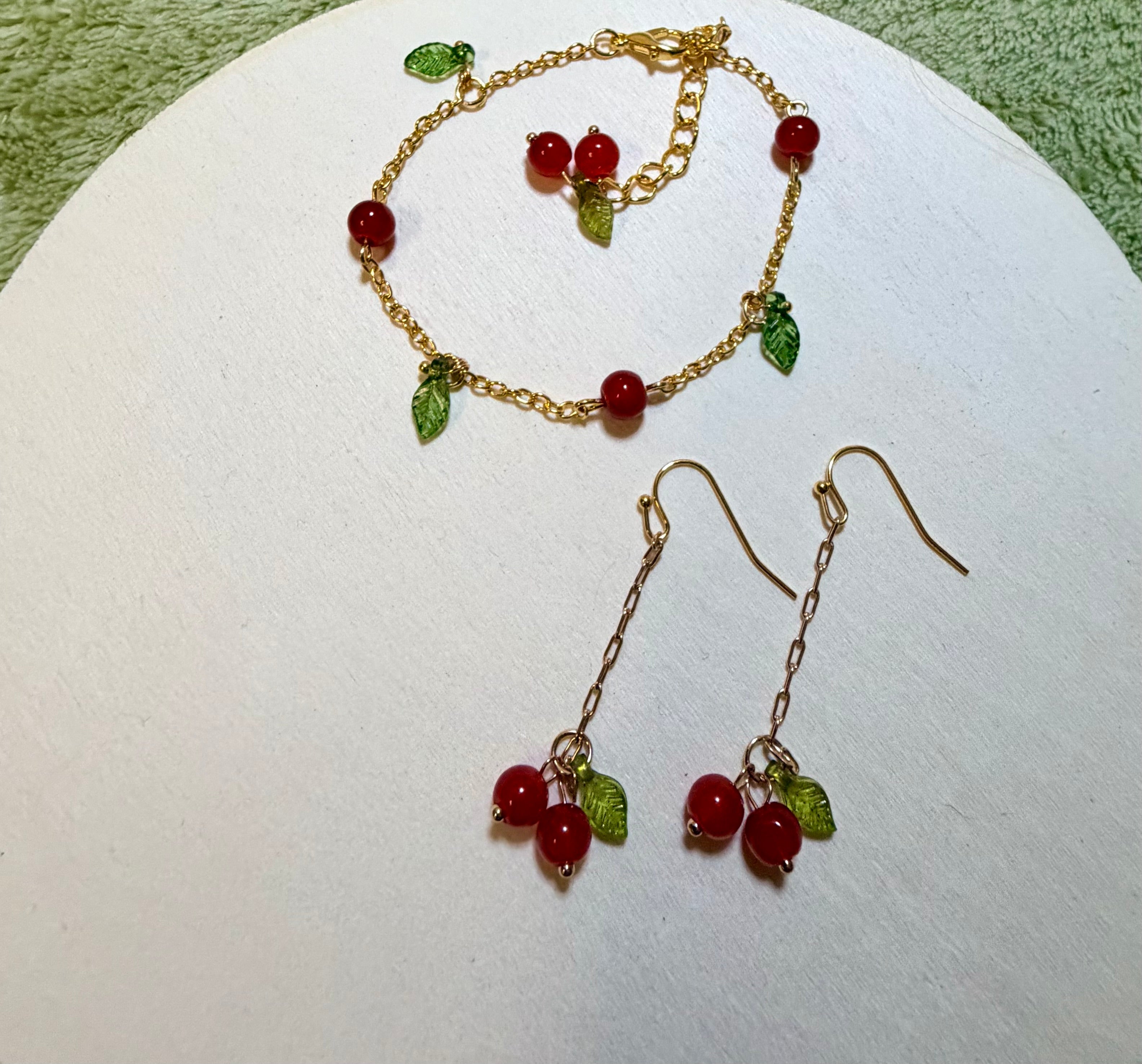 Gold Plated Cherry Dainty Trending Jewelry Set – Red Bead Dangle Earrings & Bracelet with Green Leaves – Sweet Fruit Charm Jewelry - SublimeDesignsBySuzie