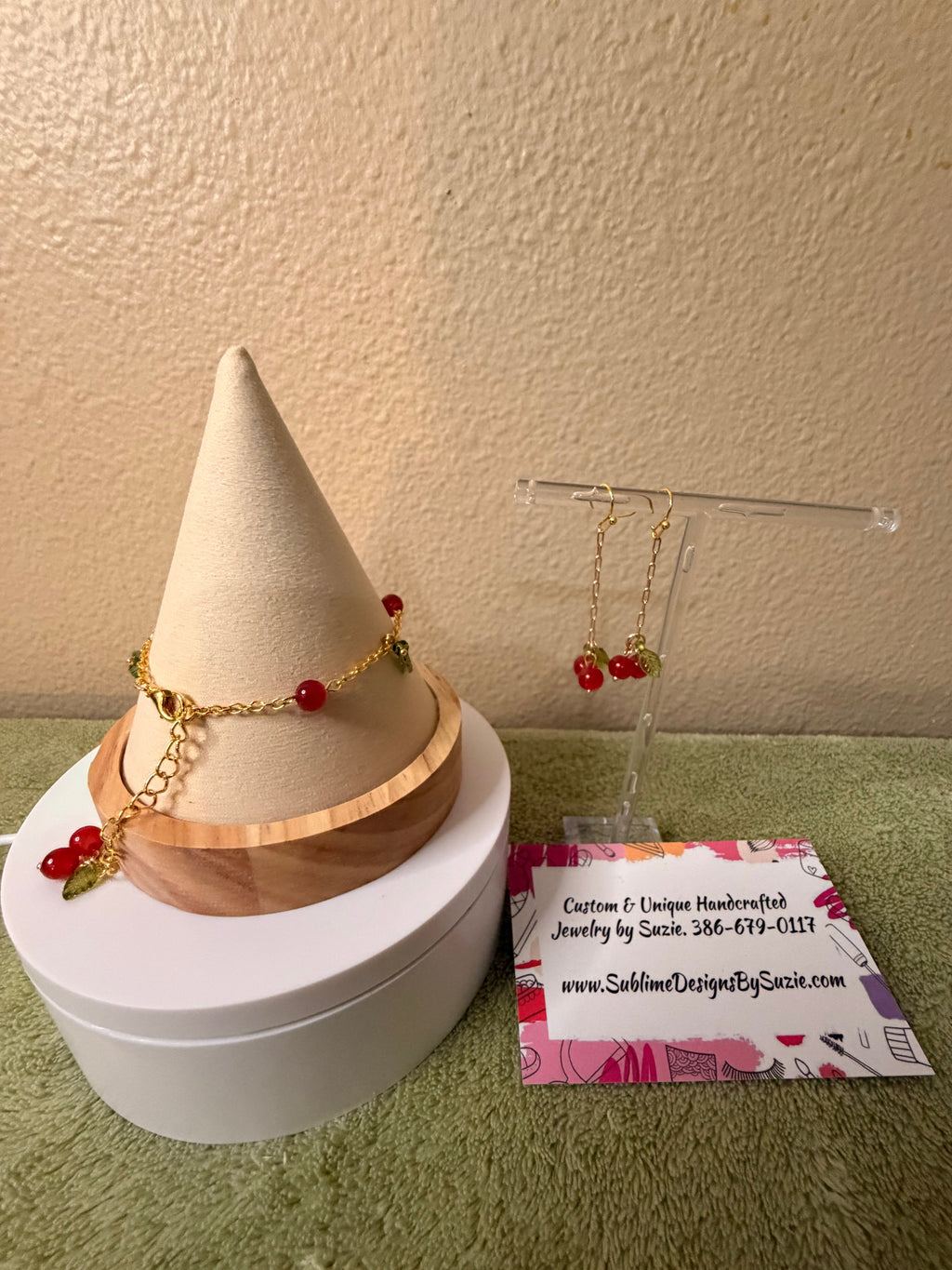 Gold Plated Cherry Dainty Trending Jewelry Set – Red Bead Dangle Earrings & Bracelet with Green Leaves – Sweet Fruit Charm Jewelry - SublimeDesignsBySuzie
