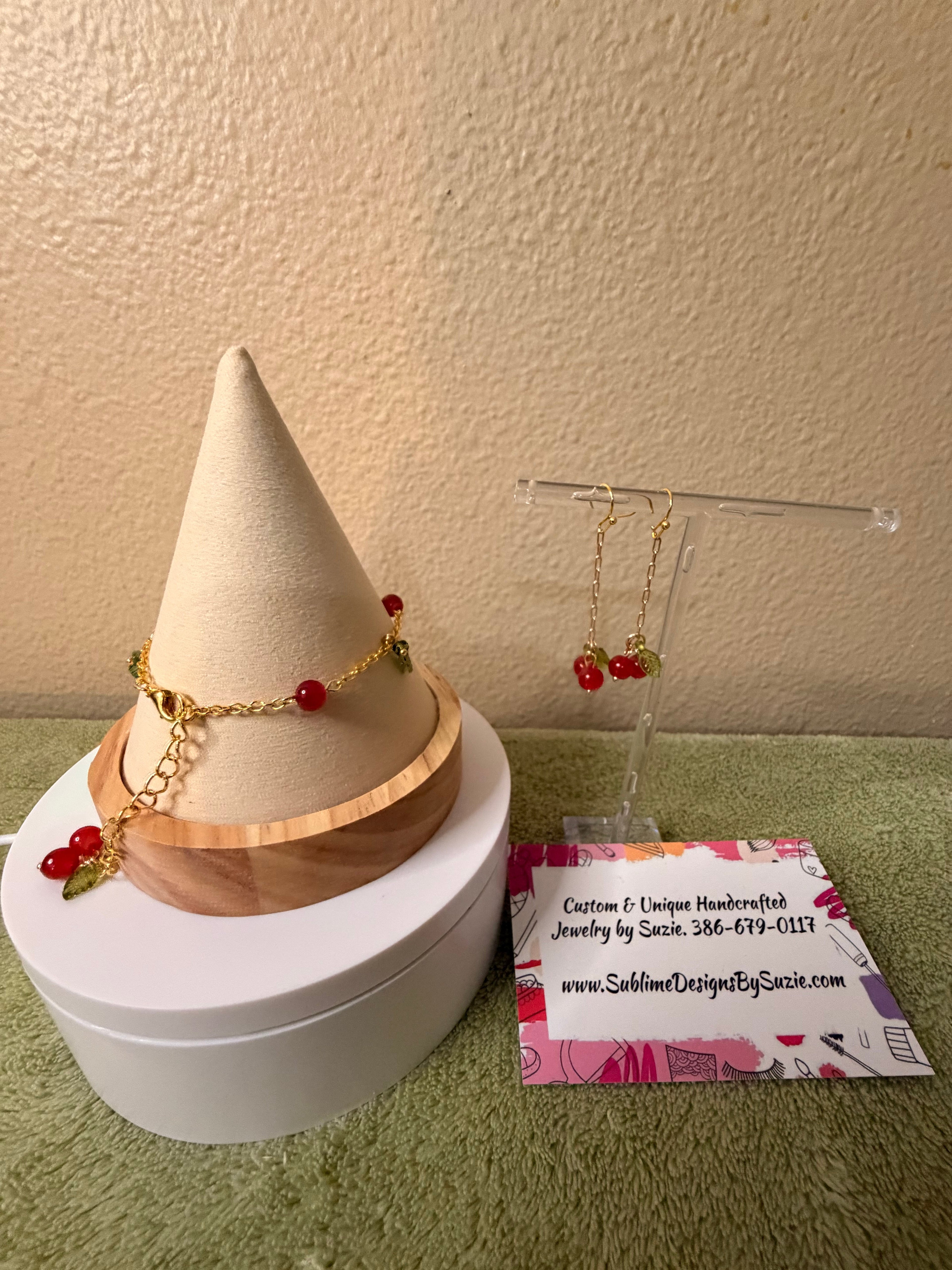 Gold Plated Cherry Dainty Trending Jewelry Set – Red Bead Dangle Earrings & Bracelet with Green Leaves – Sweet Fruit Charm Jewelry - SublimeDesignsBySuzie