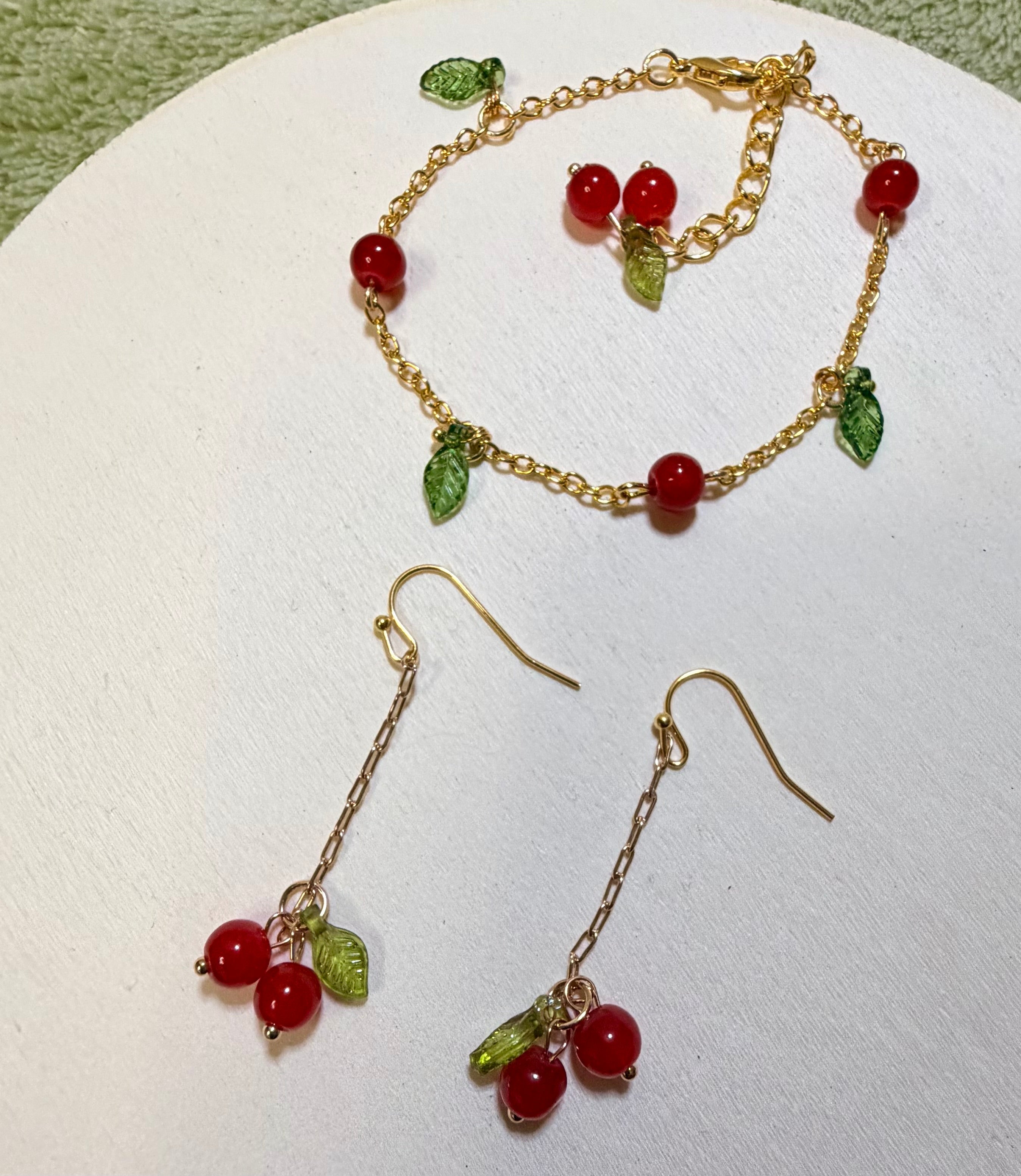 Gold Plated Cherry Dainty Trending Jewelry Set – Red Bead Dangle Earrings & Bracelet with Green Leaves – Sweet Fruit Charm Jewelry - SublimeDesignsBySuzie