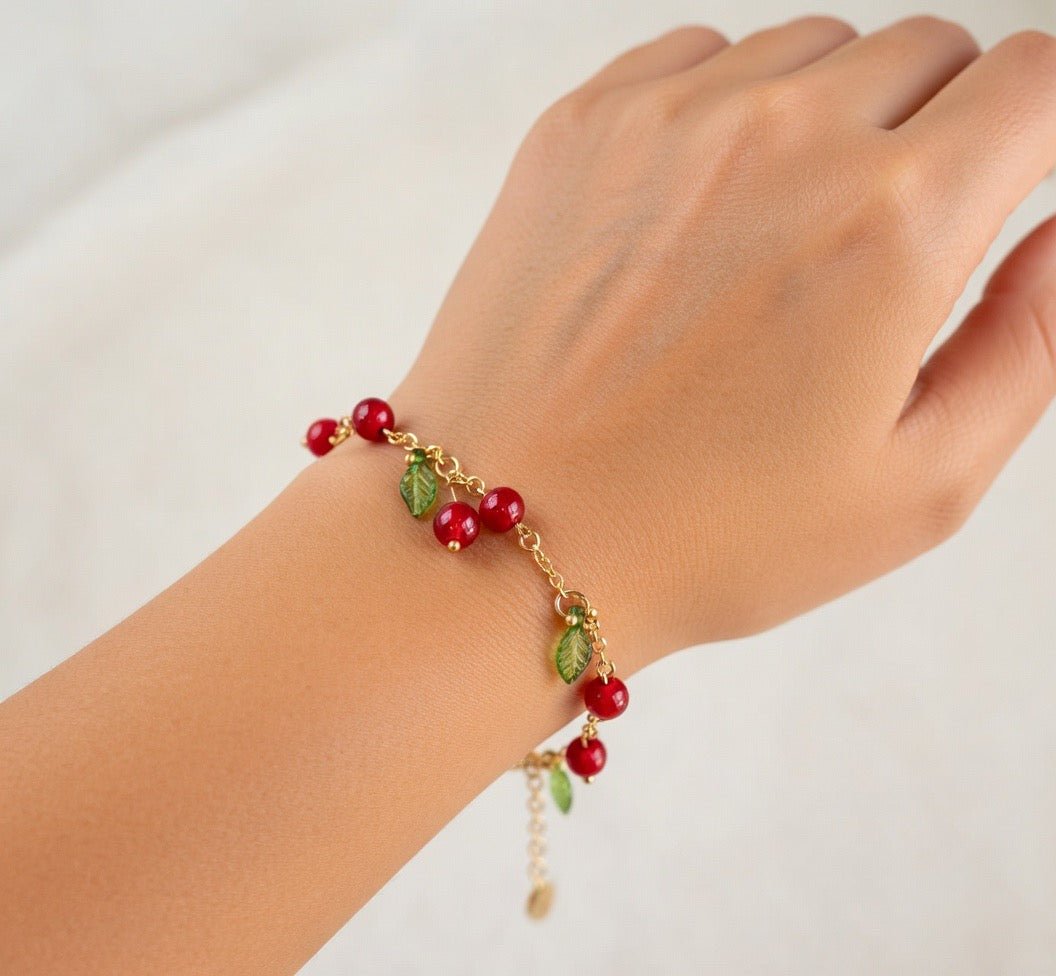 Gold Plated Cherry Dainty Trending Jewelry Set – Red Bead Dangle Earrings & Bracelet with Green Leaves – Sweet Fruit Charm Jewelry - SublimeDesignsBySuzie