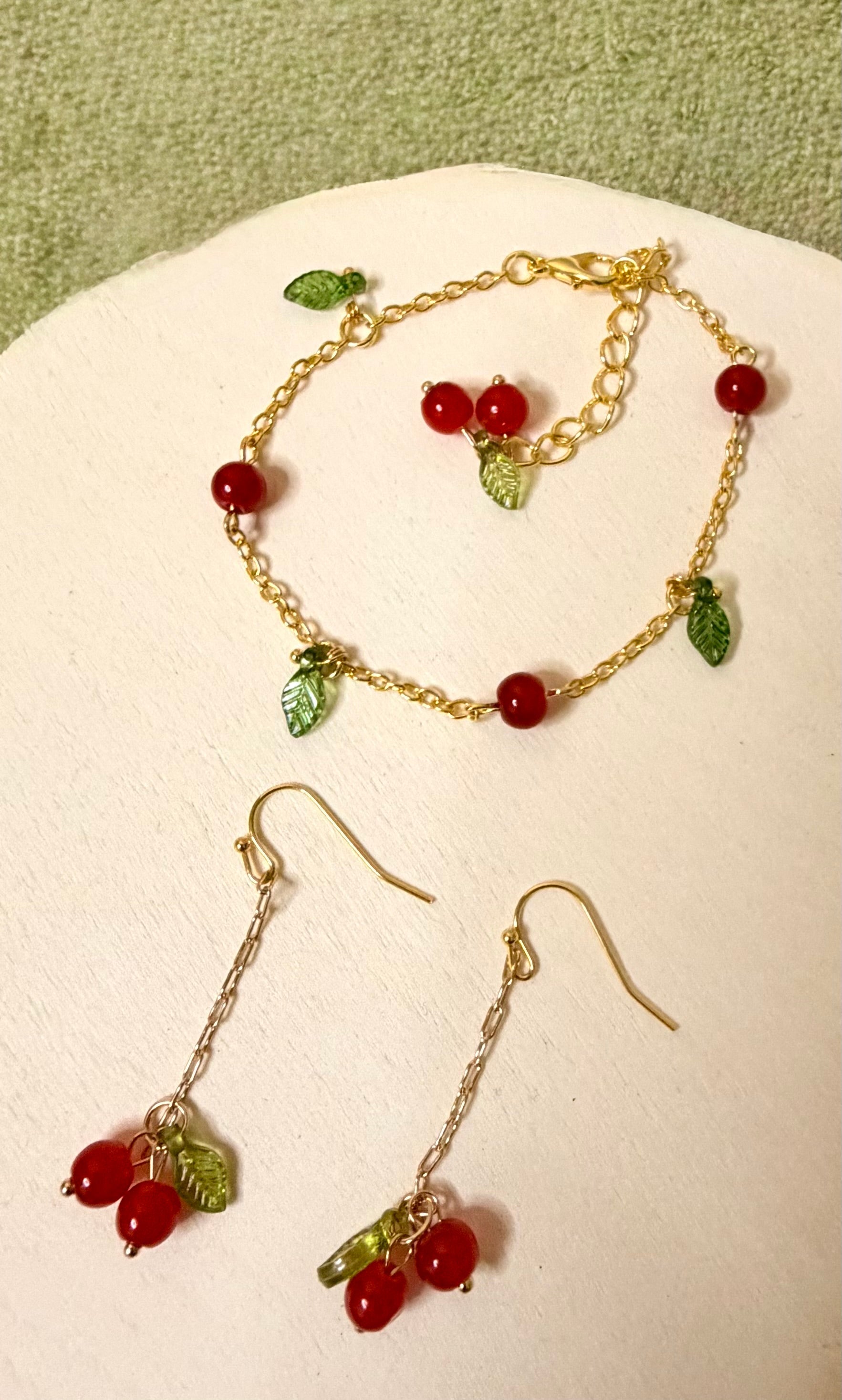 Gold Plated Cherry Dainty Trending Jewelry Set – Red Bead Dangle Earrings & Bracelet with Green Leaves – Sweet Fruit Charm Jewelry - SublimeDesignsBySuzie
