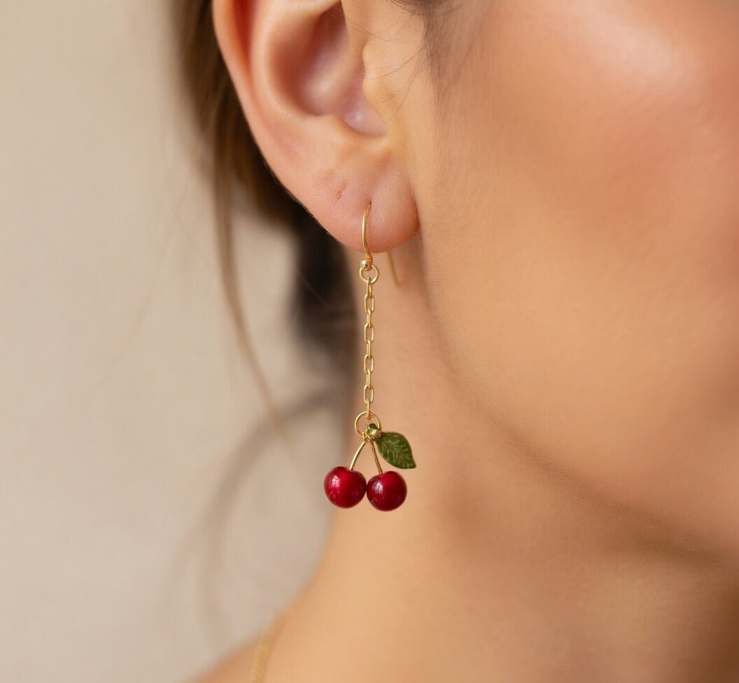 Gold Plated Cherry Dainty Trending Jewelry Set – Red Bead Dangle Earrings & Bracelet with Green Leaves – Sweet Fruit Charm Jewelry - SublimeDesignsBySuzie